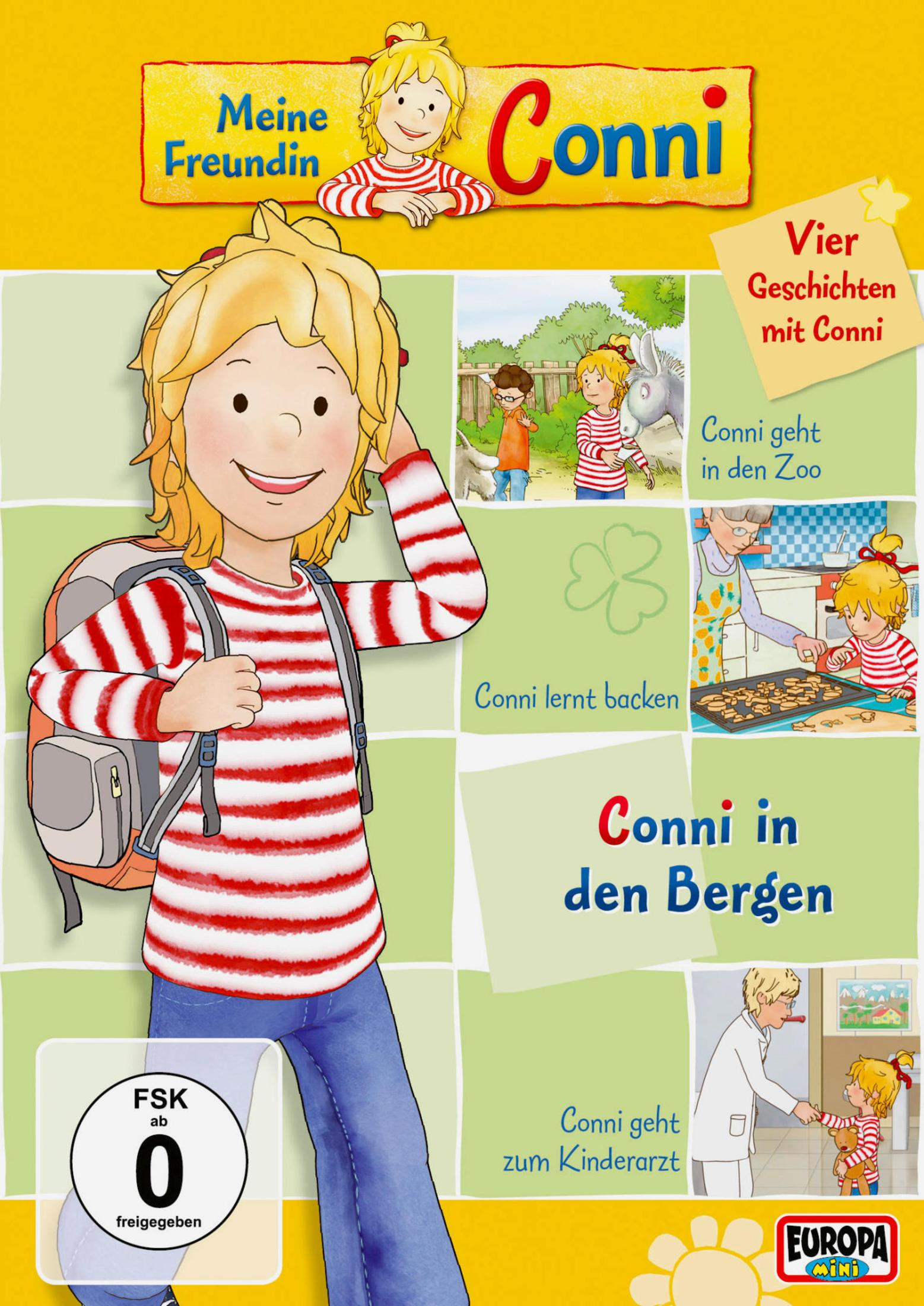 DVD-Cover von Meine Freundin Conni mit vier Geschichten, mit Conni in rot-weißem Shirt im Vordergrund und Mini-Szenen.