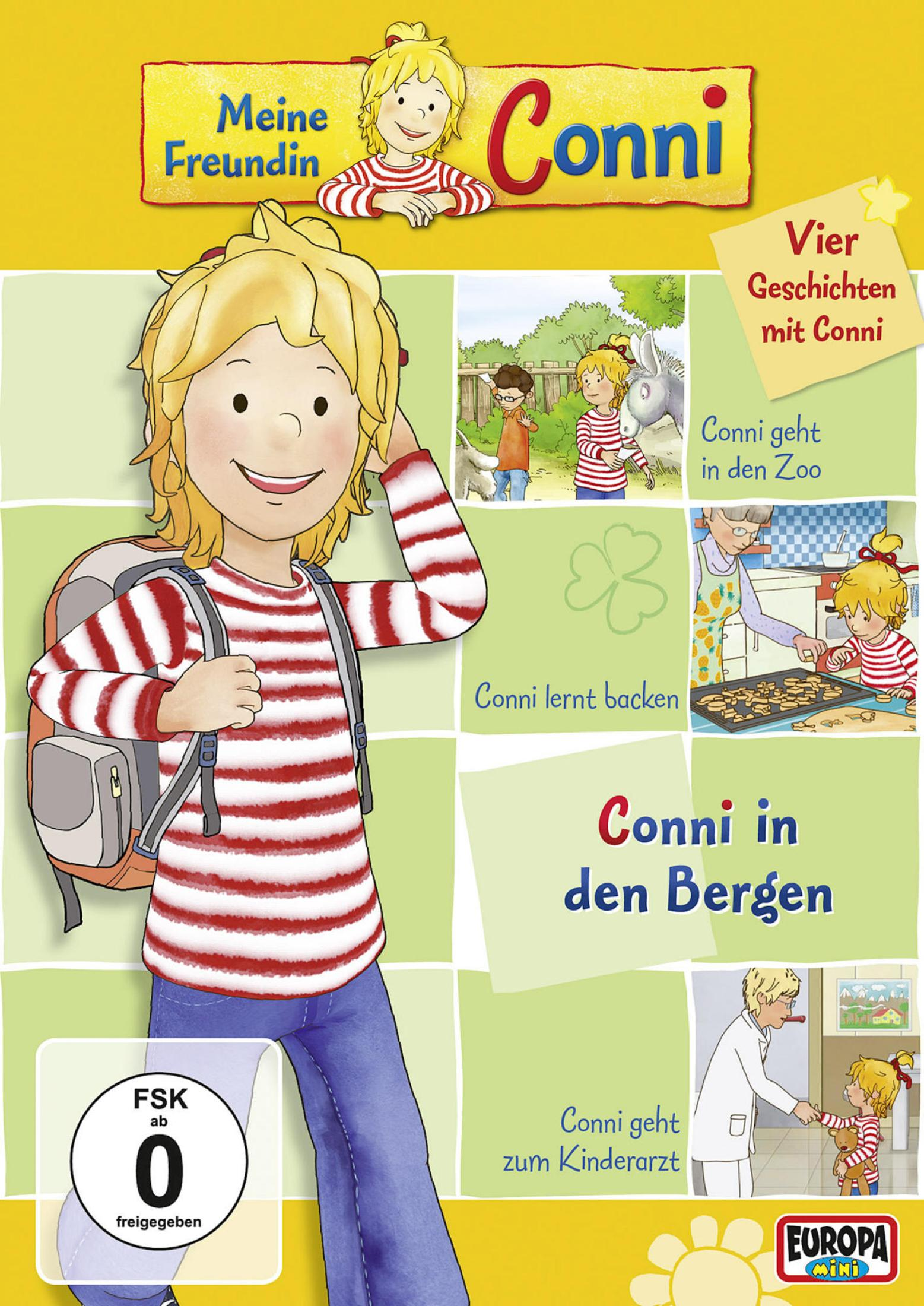 DVD-Cover von Meine Freundin Conni mit Conni im Rucksack und kleineren Szenen ihrer Abenteuer.