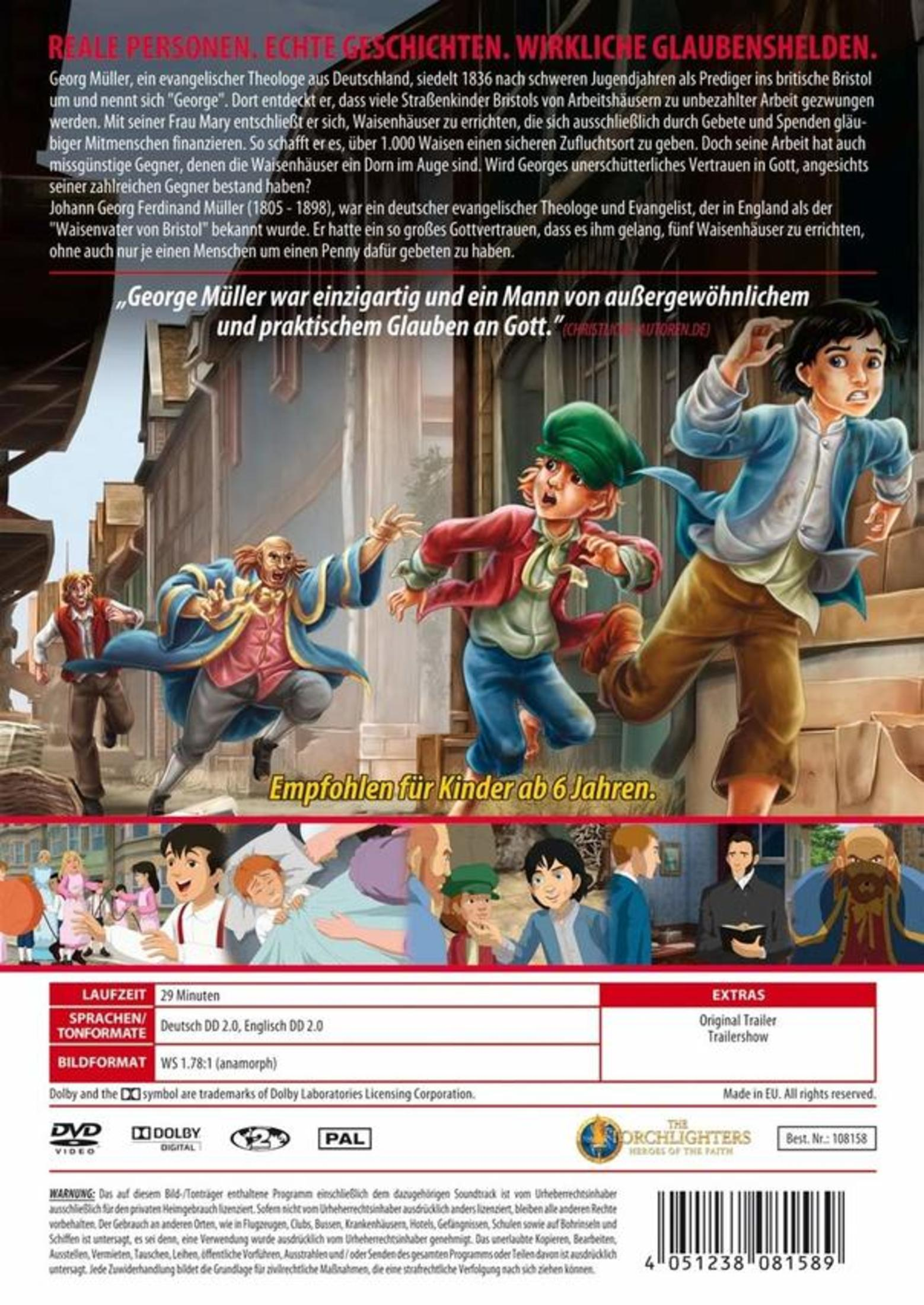 DVD-Cover mit Illustration von Kindern auf der Flucht in einer historischen Stadt, Text und Infofeldern.