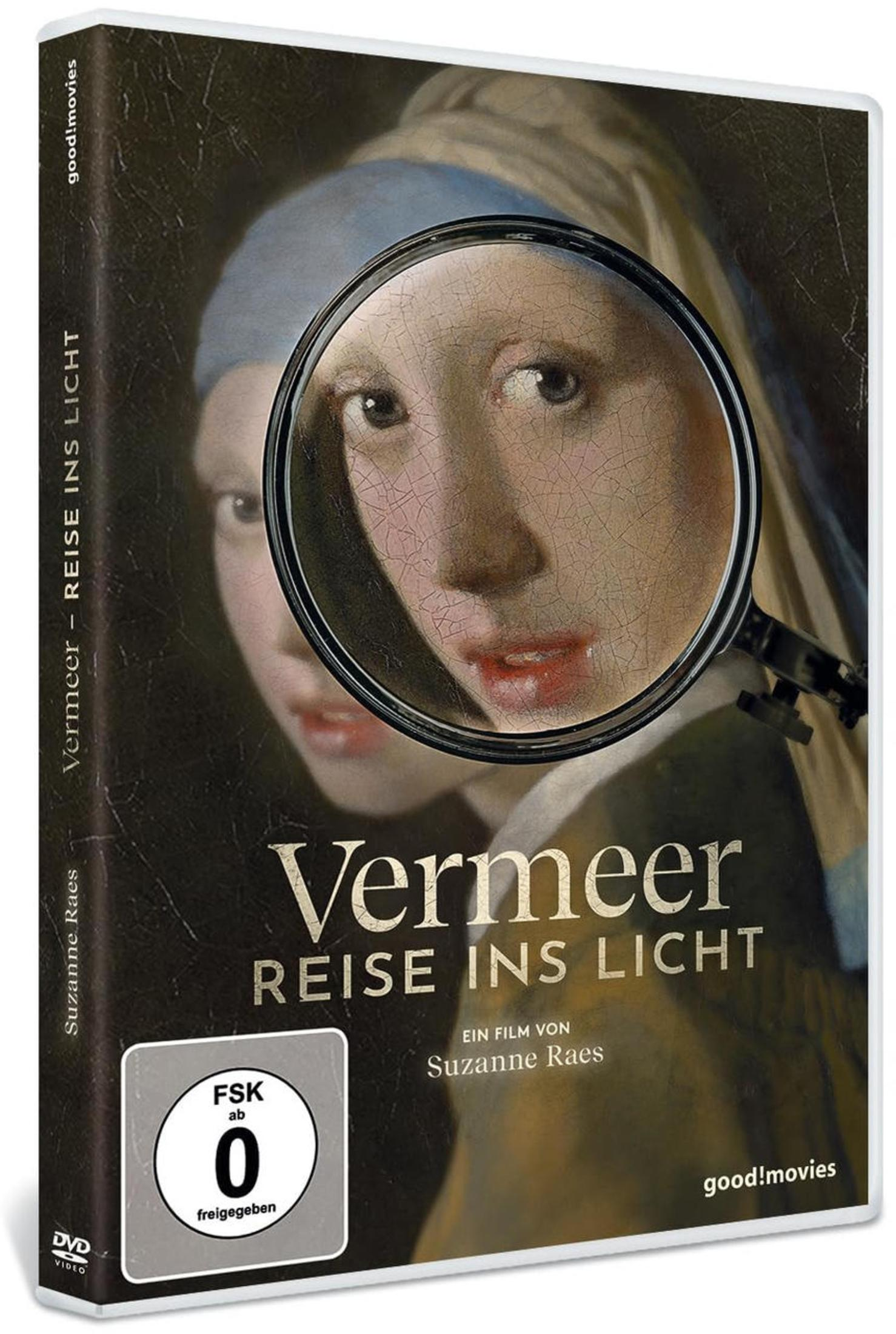 DVD-Cover von Vermeer - Reise ins Licht mit einer Lupe über dem Gesicht aus dem Gemälde.