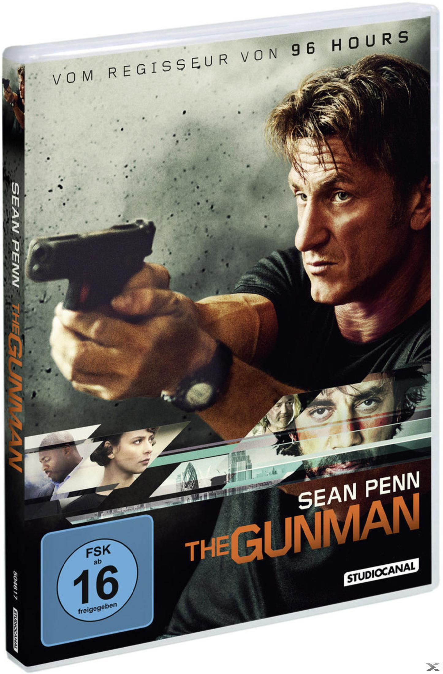 DVD-Cover von The Gunman mit Sean Penn, der eine Waffe hält, und weiteren Charakteren im unteren Bereich.