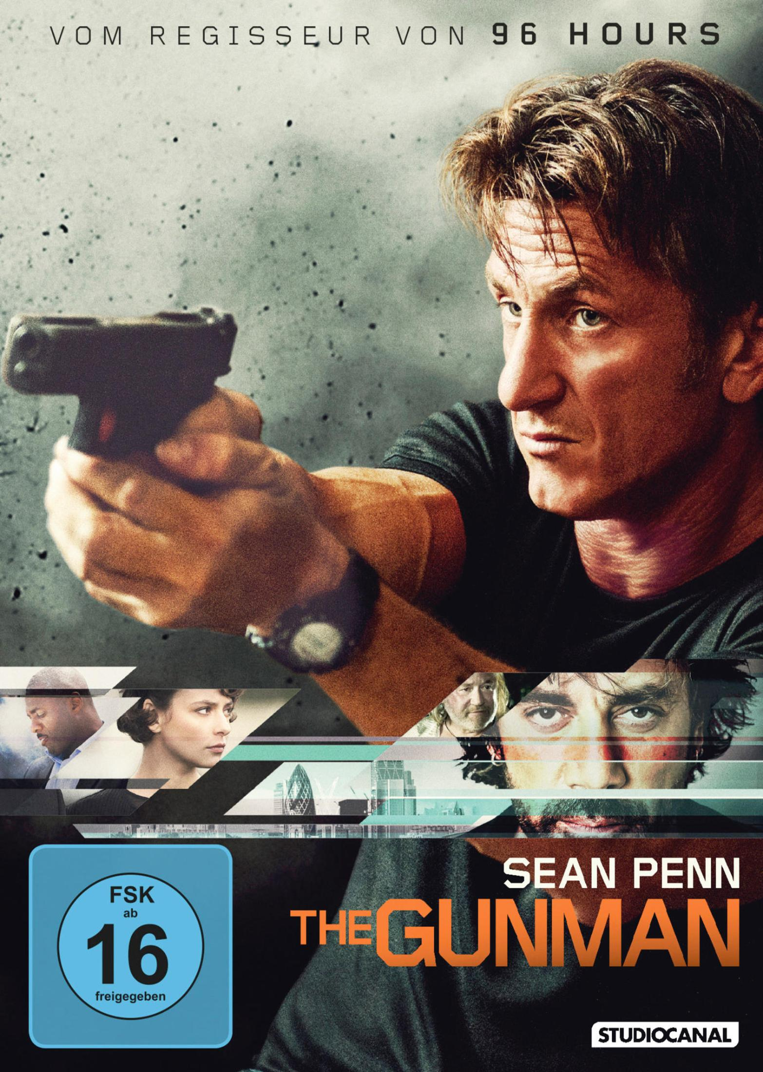 Sean Penn zielt mit einer Waffe auf dem Filmplakat zu The Gunman, mit FSK-16-Altersfreigabe.