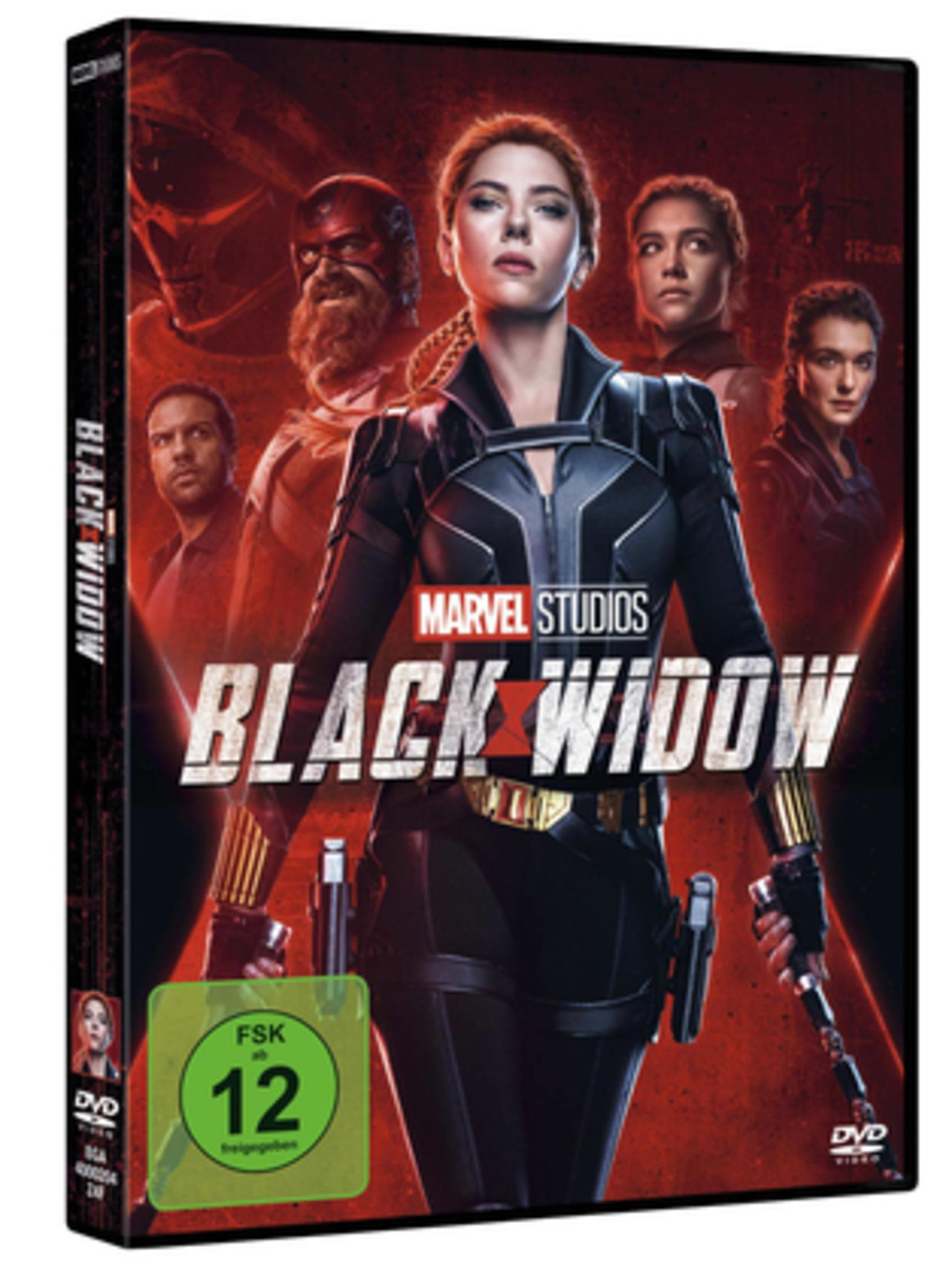 DVD-Hülle von Marvel Studios Black Widow mit Charakteren auf rotem Hintergrund und FSK-12-Altersfreigabe.