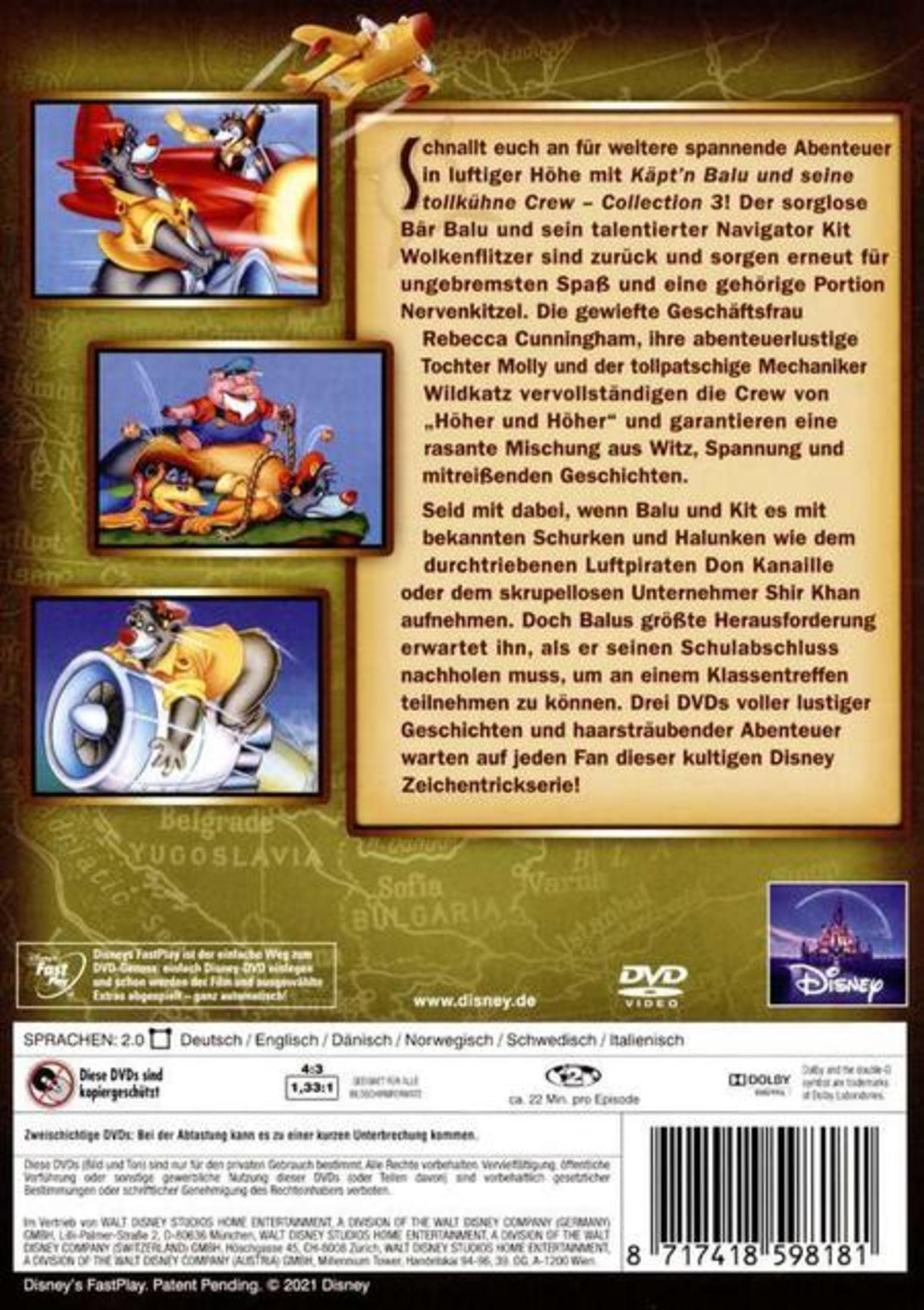 TaleSpin DVD-Rückseite mit Charakterillustrationen, deutscher Inhaltsangabe, Landkartenhintergrund und Strichcode.