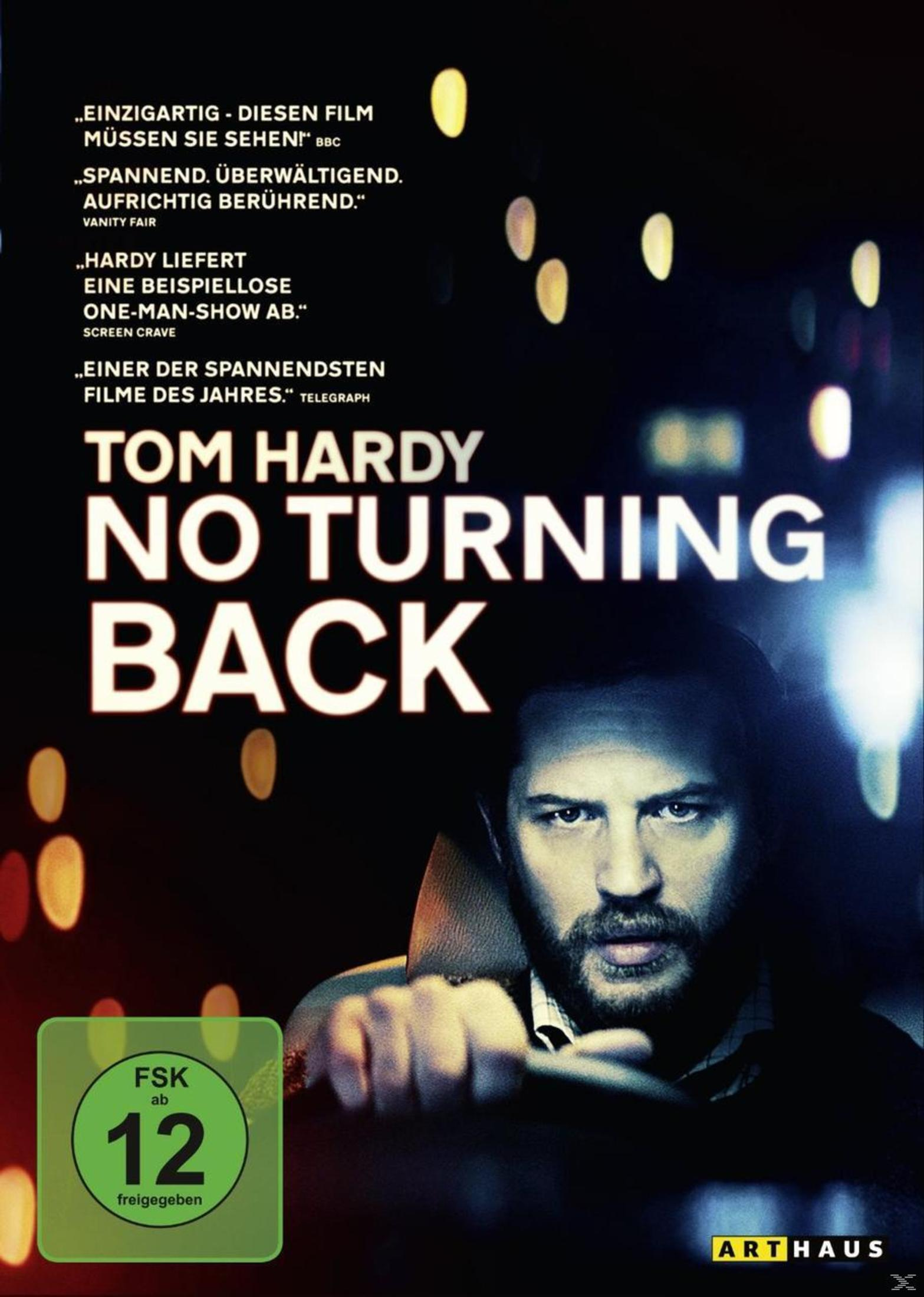 Filmplakat für 'No Turning Back' mit Tom Hardy beim Autofahren vor verschwommenen Lichtern.