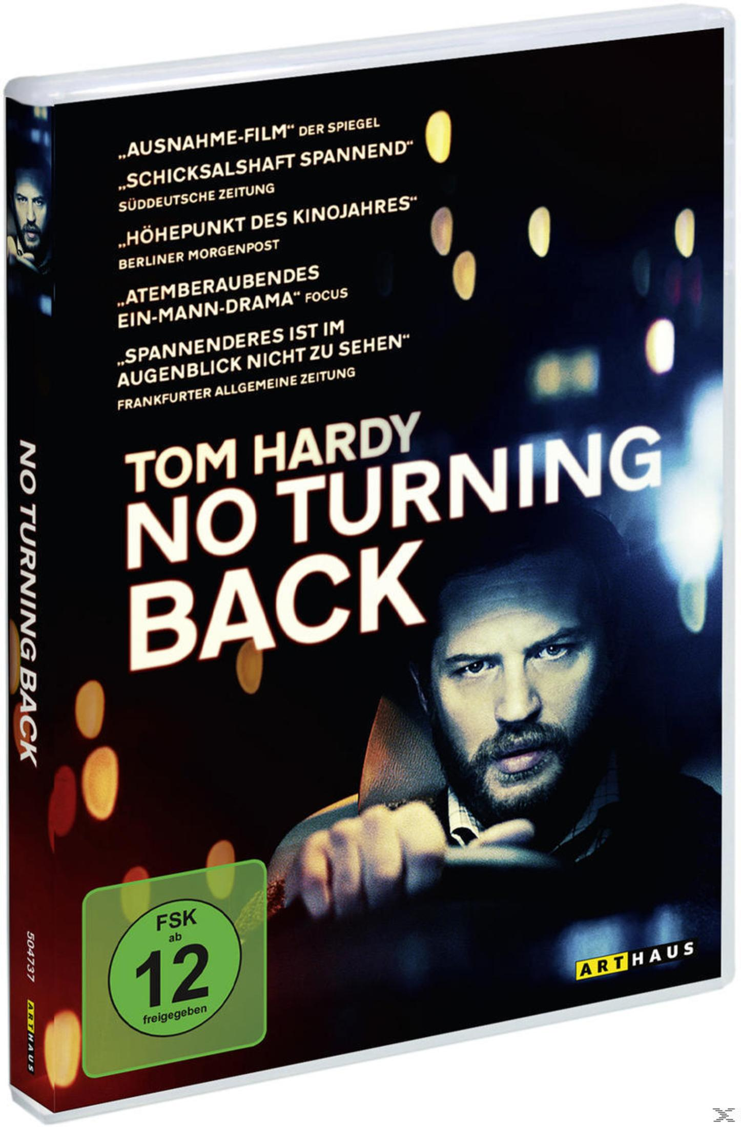 DVD-Cover des Films "No Turning Back" mit Tom Hardy am Steuer vor verschwommenem Hintergrund und einem FSK-12-Logo.