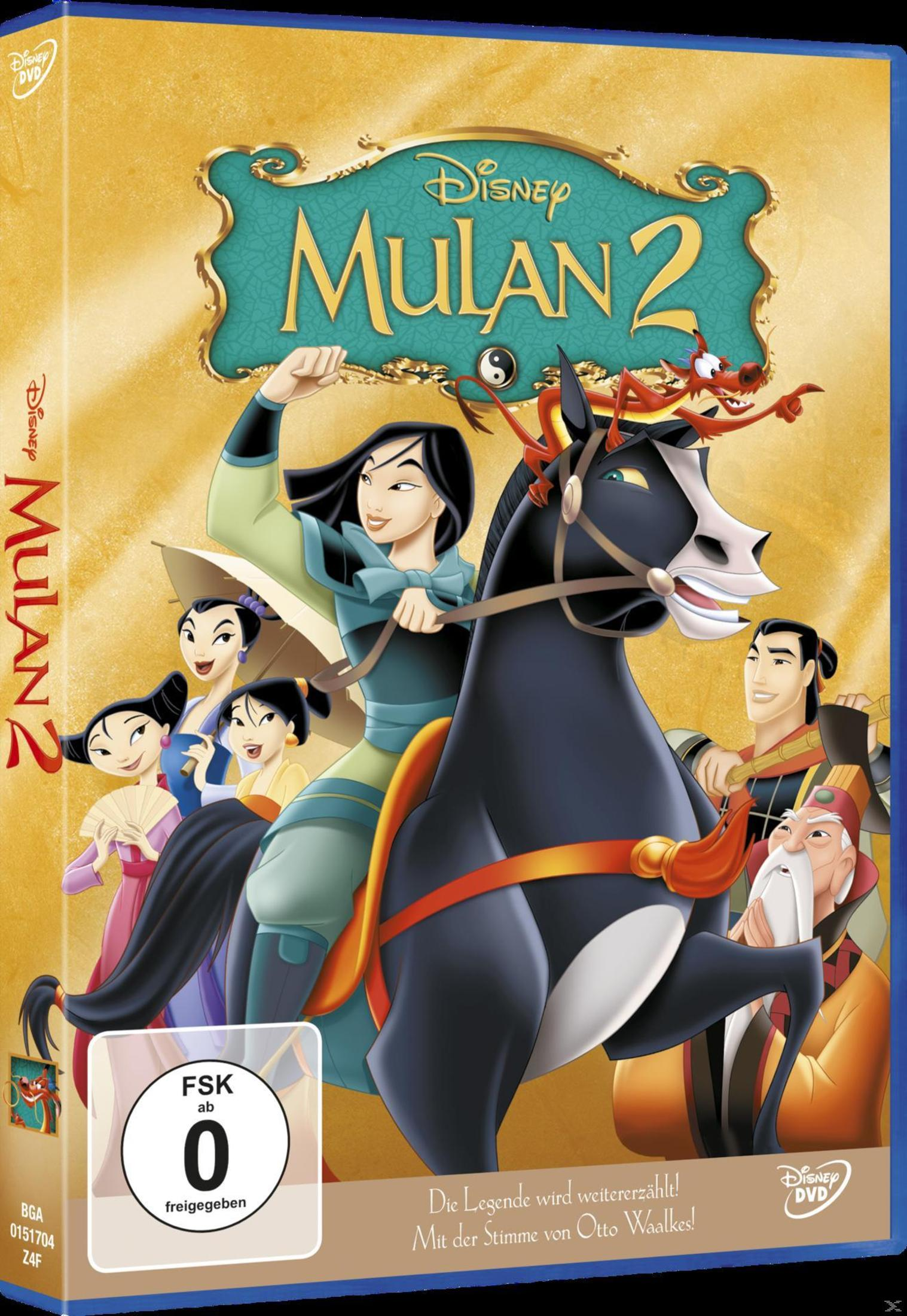 DVD-Cover von Mulan 2 mit Mulan auf einem Pferd, umgeben von anderen Charakteren und Mushu.