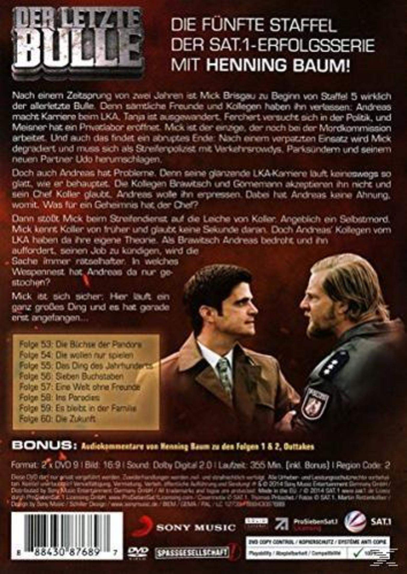 DVD-Rückseite von Der Letzte Bulle Staffel 5 mit Texten und zwei Männern im Vordergrund.