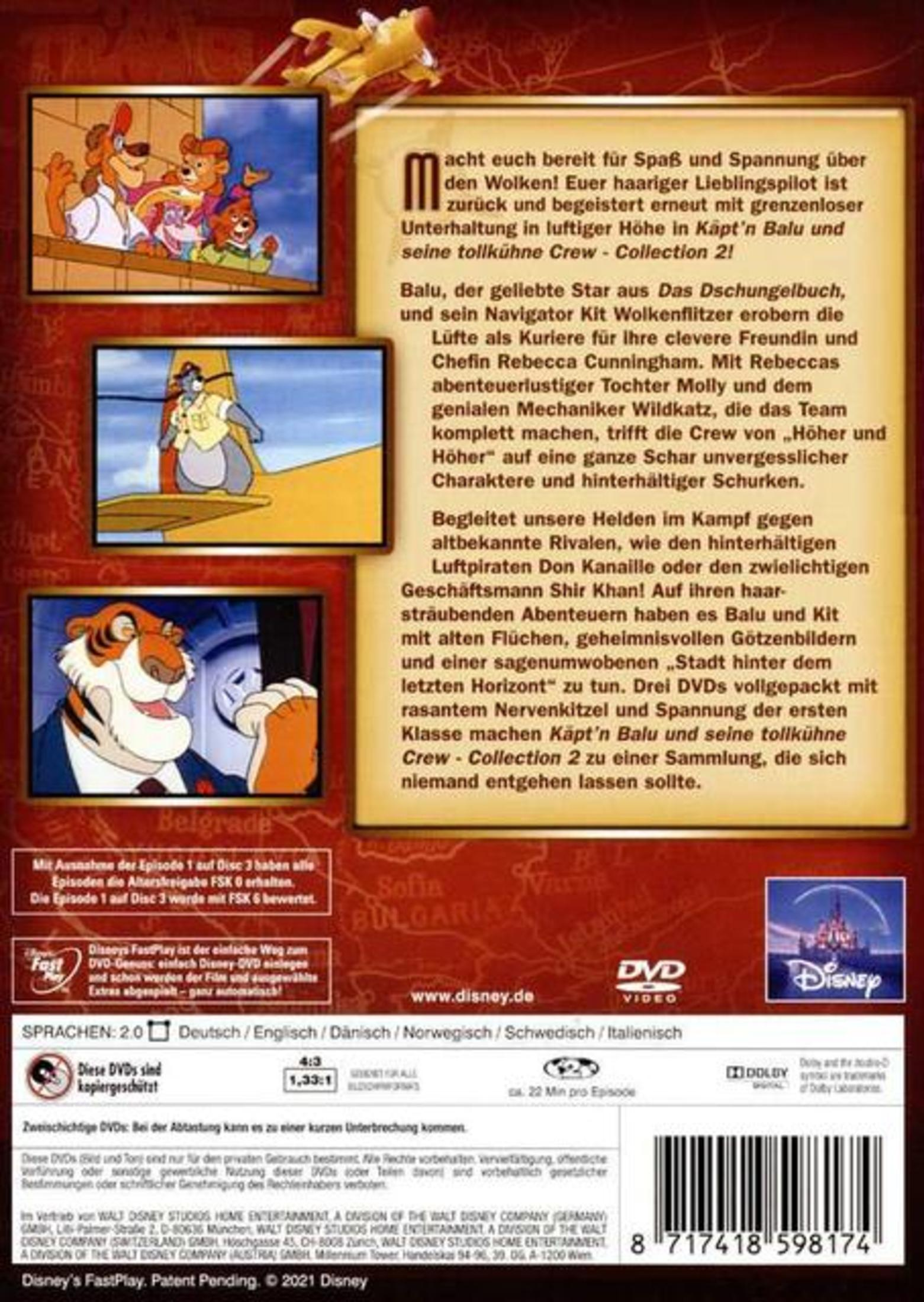 DVD-Rückseite mit Tale Spin-Figuren wie Balu und Kit vor einer Weltkarte und Beschreibungstext.