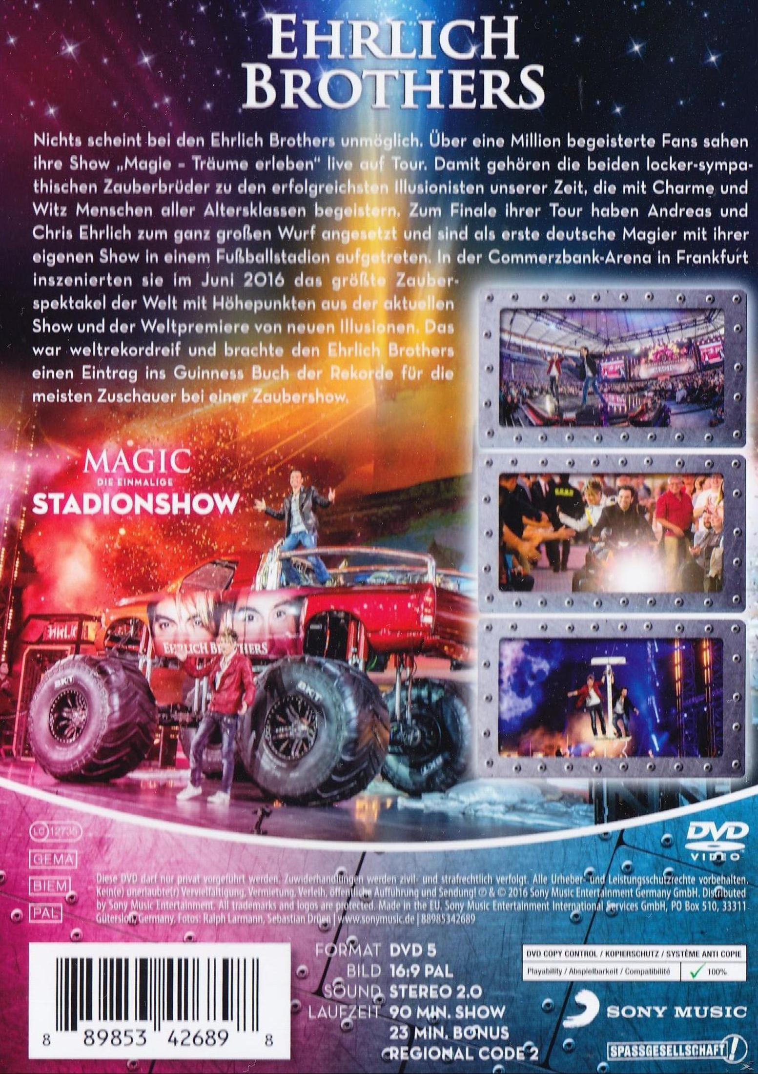 DVD-Cover der Ehrlich Brothers Magic-Stadionchow mit rotem Monstertruck und kleineren Szenenbildern.
