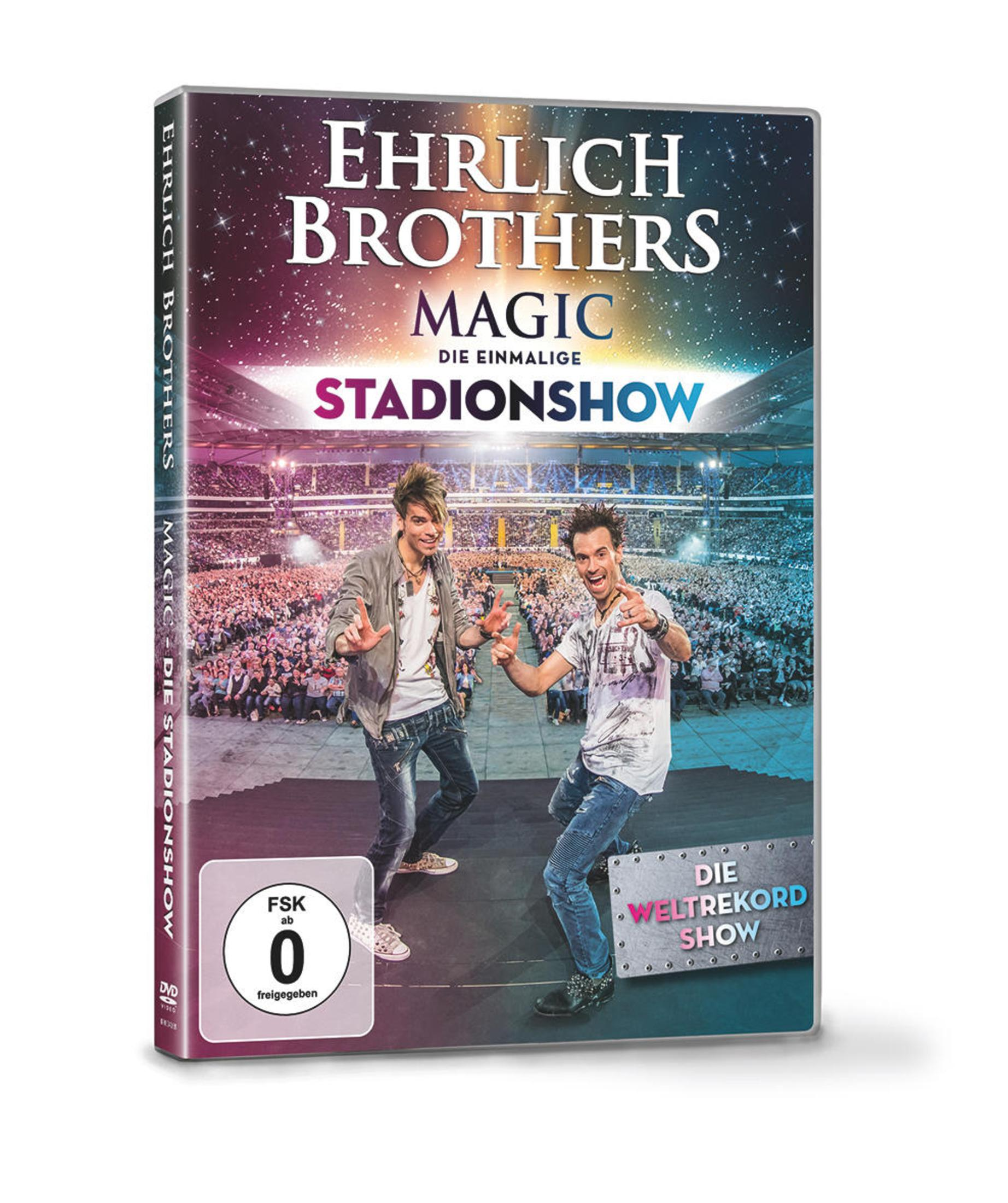 DVD-Cover der Ehrlich Brothers Stadionshow mit den beiden Zauberern vor einem großen Stadionpublikum.