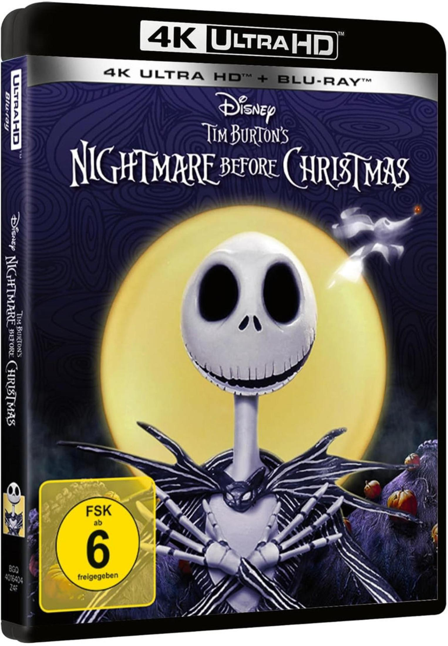 The Nightmare Before Christmas 4K Ultra HD Blu-ray Cover mit Jack Skellington vor einem Vollmond.