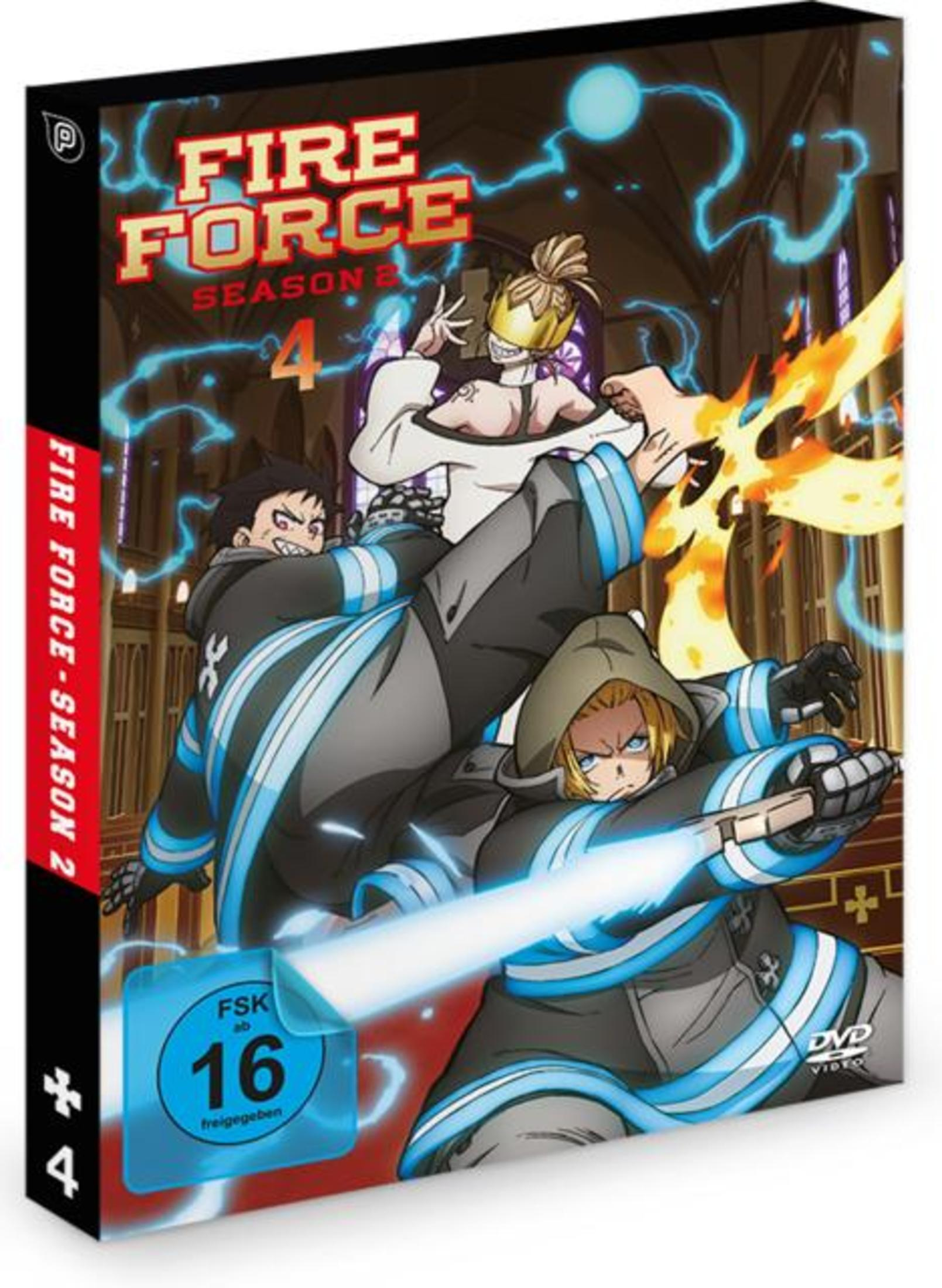 DVD-Hülle von Fire Force Staffel 2, Band 4 mit Charakteren in Kampfszenen und FSK-16-Logo.