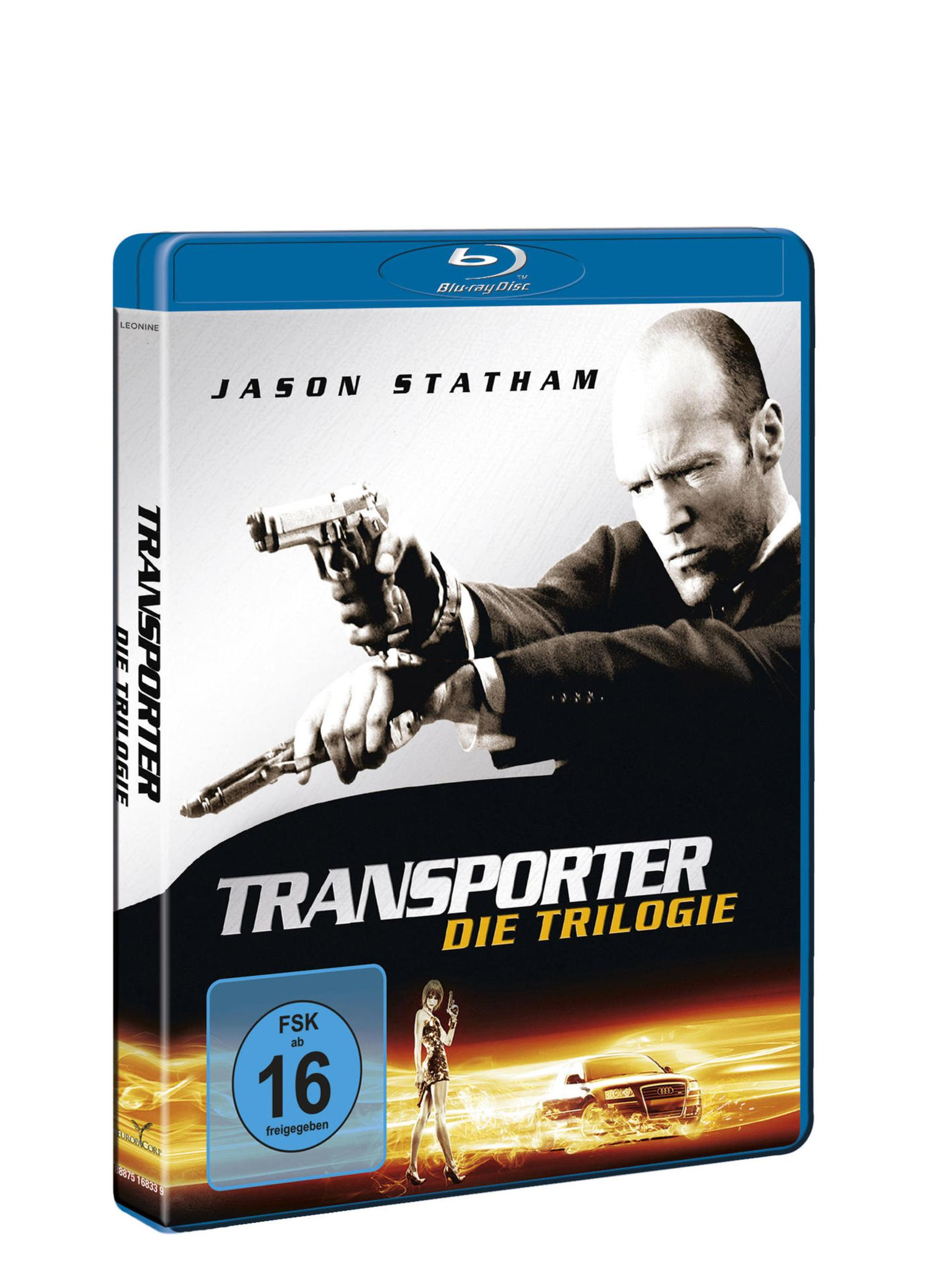 Blu-ray-Hülle von Transporter Die Trilogie mit Jason Statham, der zwei Waffen hält.