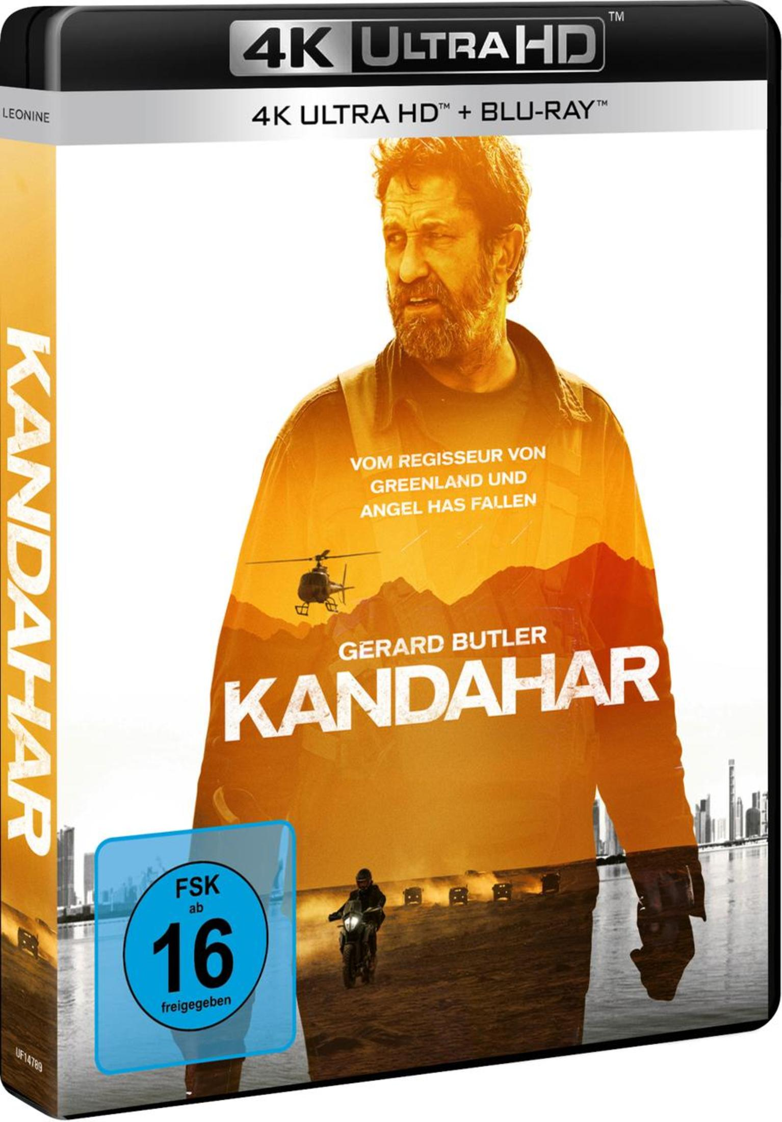DVD-Cover von Kandahar mit Gerard Butler, Hubschrauber, Motorrad und Wüstenlandschaft.