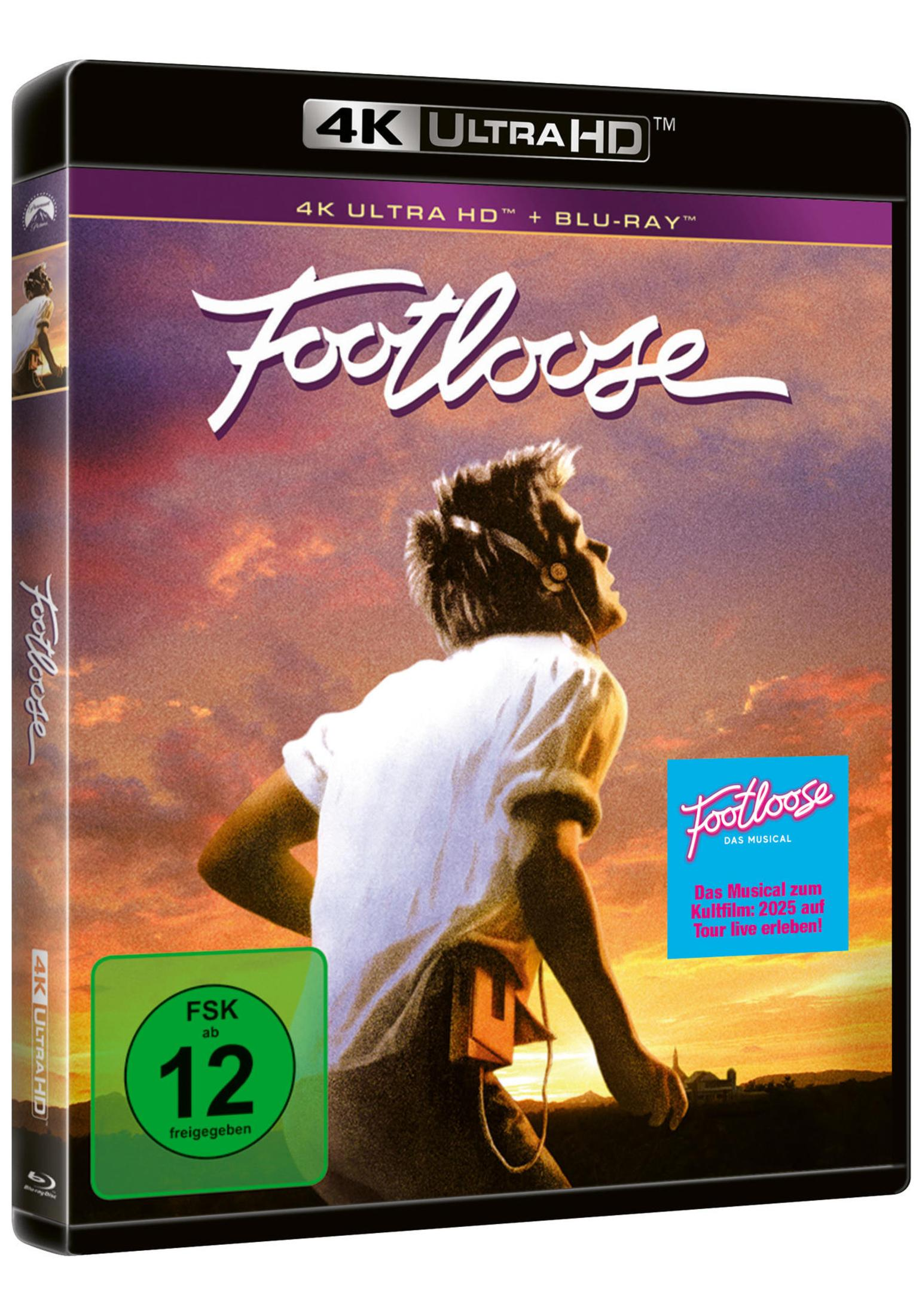 Footloose 4K Ultra HD Blu-ray Cover mit tanzendem Mann vor Sonnenuntergang und FSK 12 Logo.
