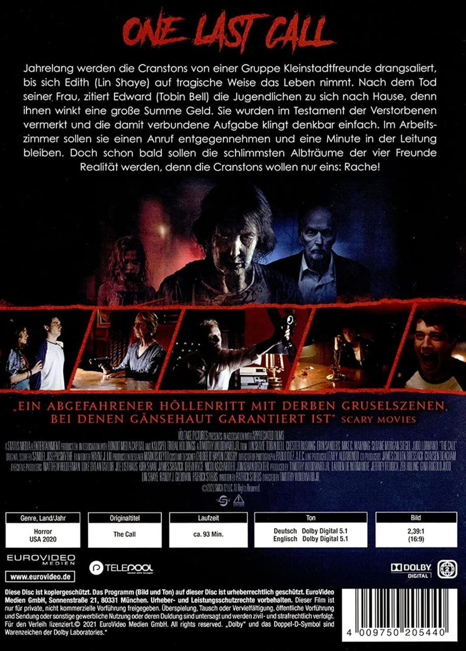 Filmcover für 'One Last Call' mit deutscher Synopsis, Charakterporträts und technischen Details unten.