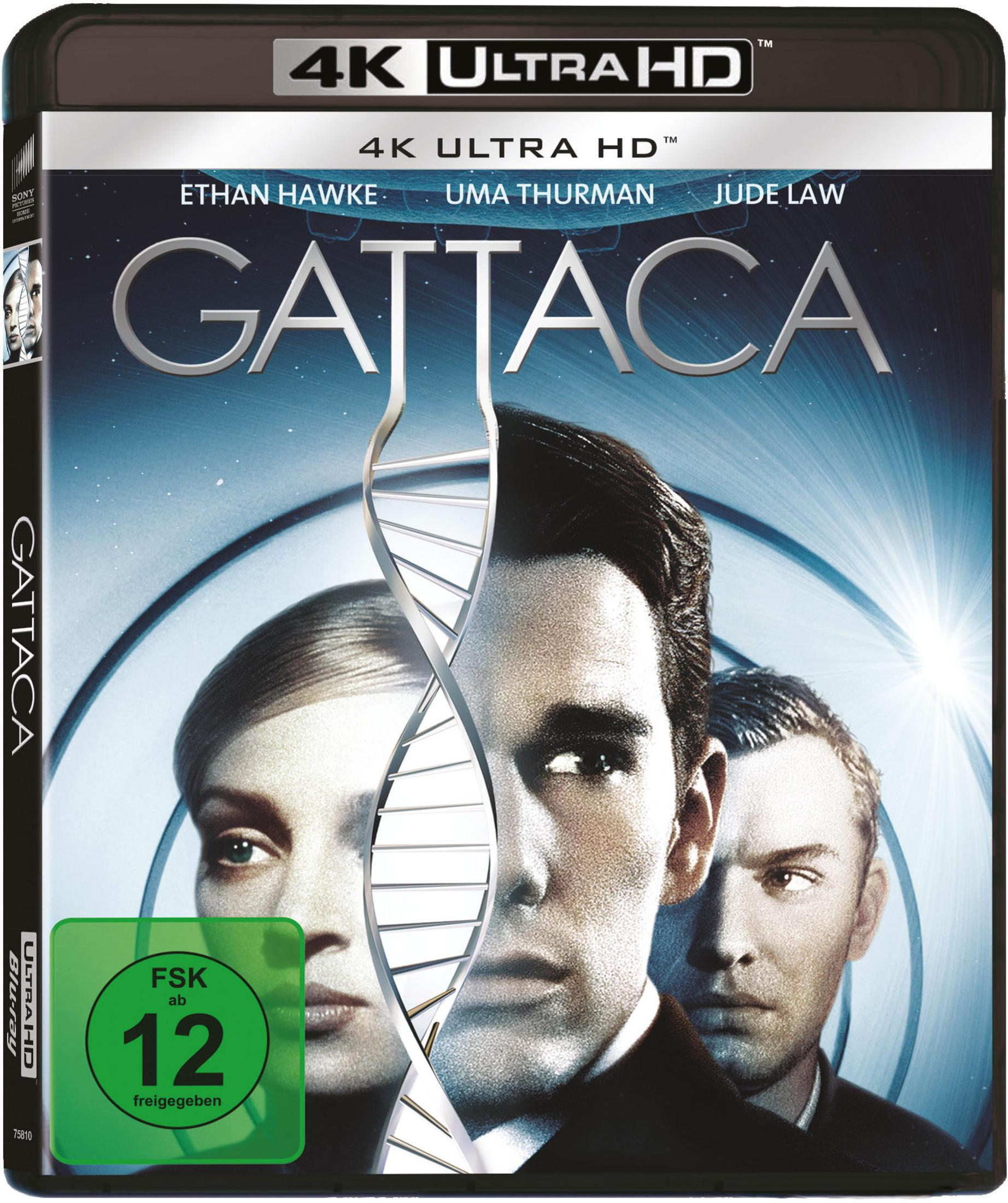 Gattaca 4K Ultra HD Blu-ray-Cover mit den Hauptdarstellern Ethan Hawke, Uma Thurman und Jude Law sowie DNA-Strang.