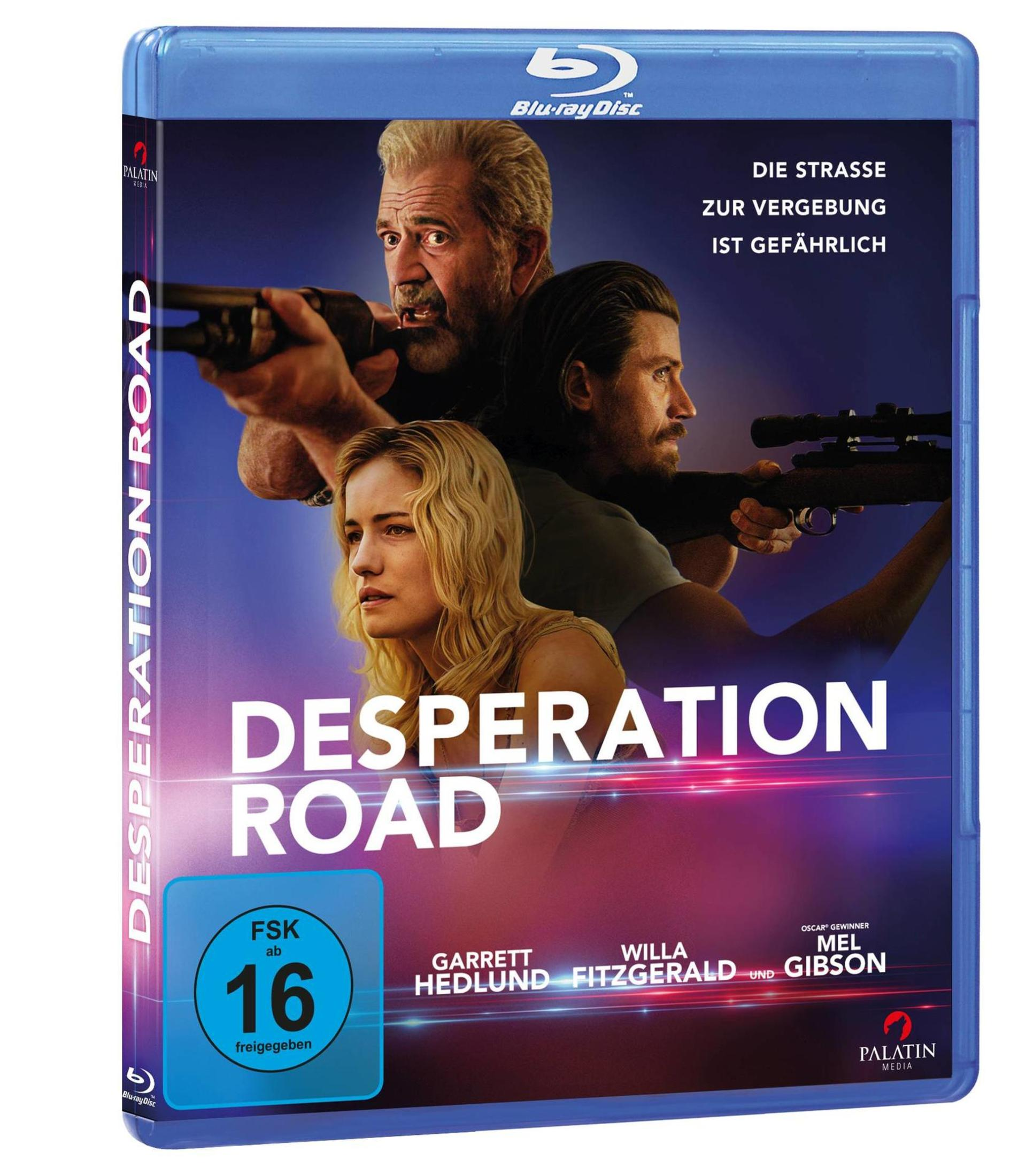 Blu-ray-Hülle zu Desperation Road mit Mel Gibson, Garrett Hedlund und Willa Fitzgerald mit Waffen.