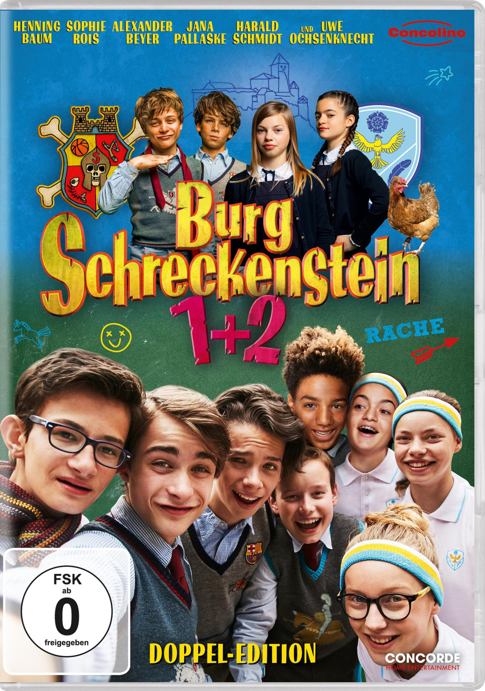 DVD-Cover von Burg Schreckenstein 1 und 2 mit zwei Gruppen von Schülern vor blauem und grünem Hintergrund.