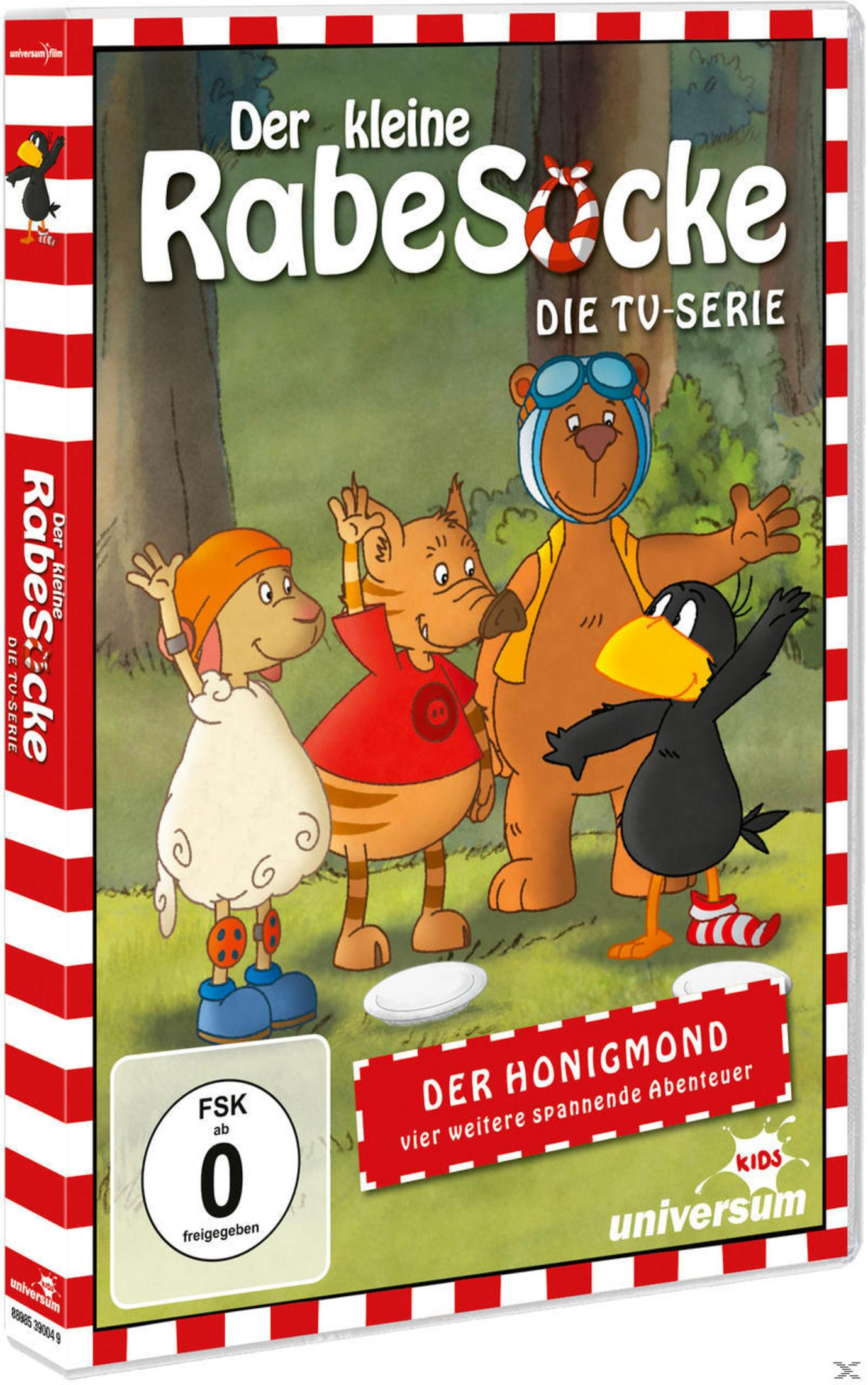 DVD-Cover der kleinen Rabe Socke TV-Serie mit vier gezeichneten Tieren im Wald vor einem roten und weißen Rand.