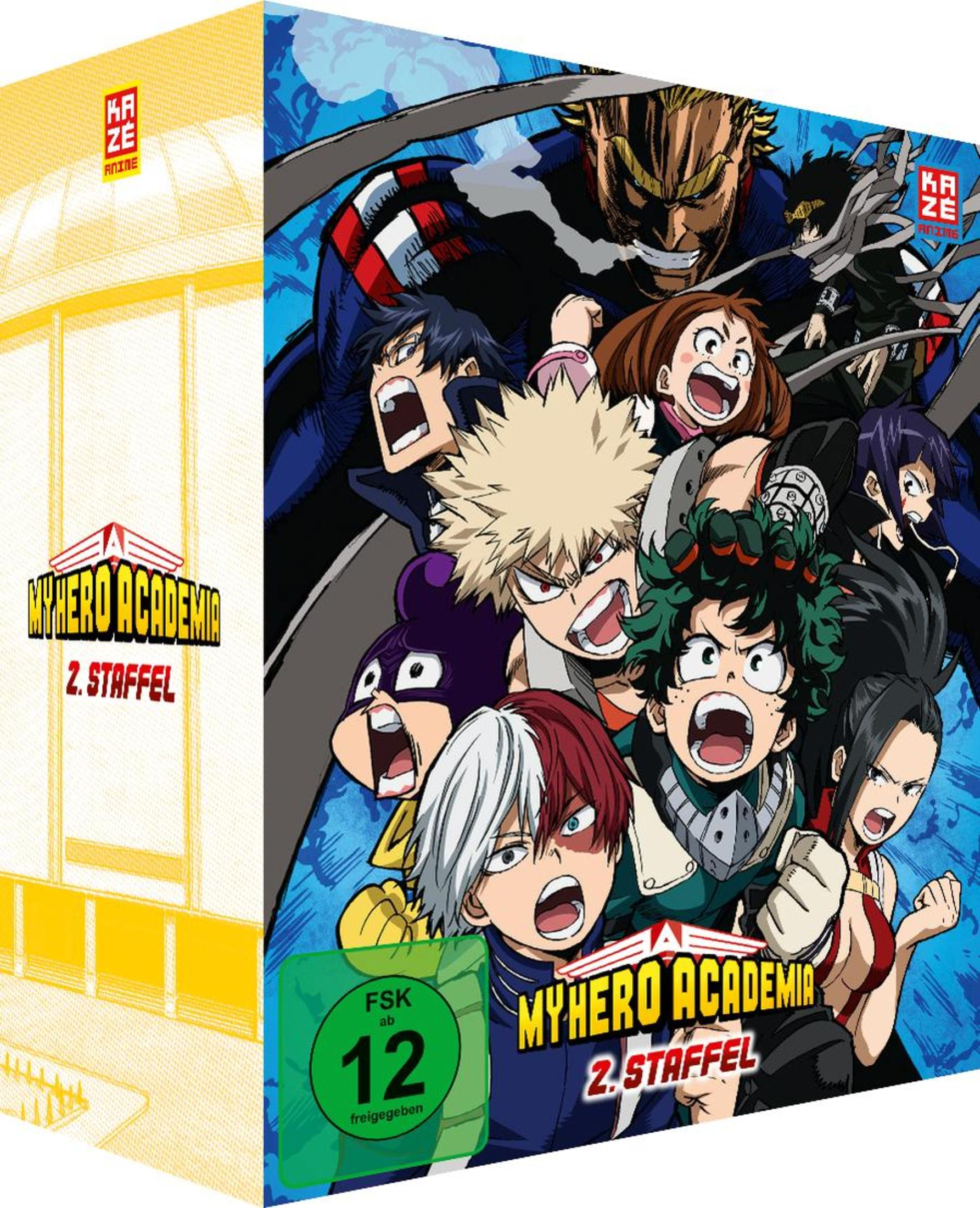 My Hero Academia 2. Staffel Anime-Box mit den Helden in Action und einem FSK 12-Logo.