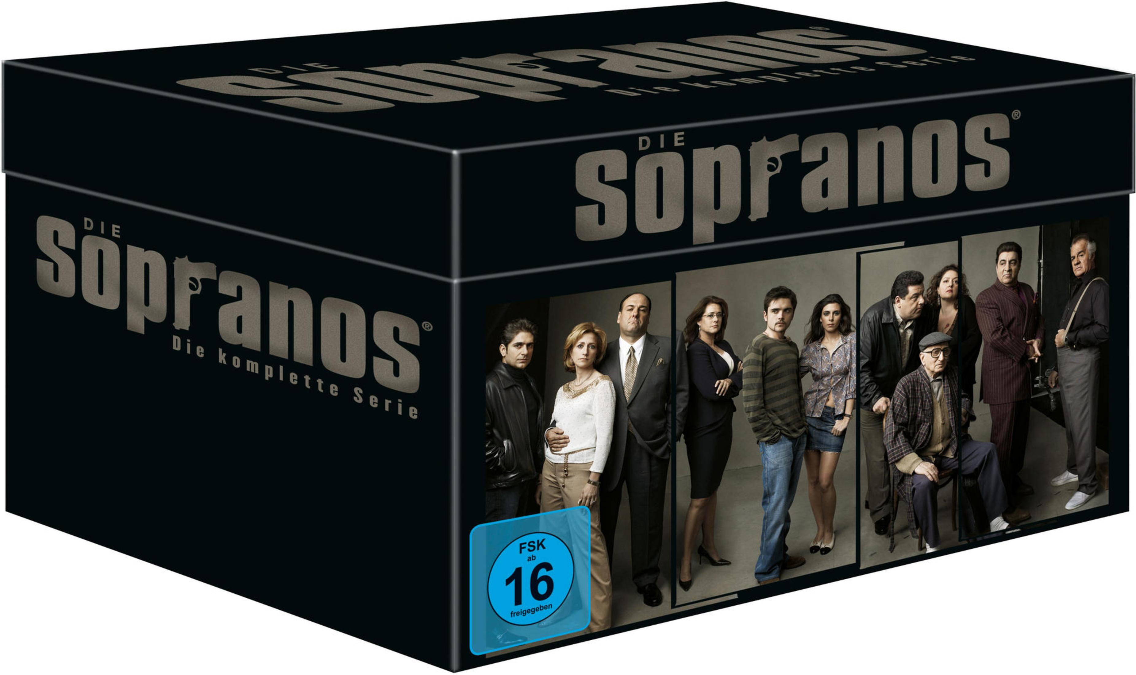 Schwarze DVD-Box der TV-Serie Die Sopranos mit Cast-Fotos und FSK 16 Logo.