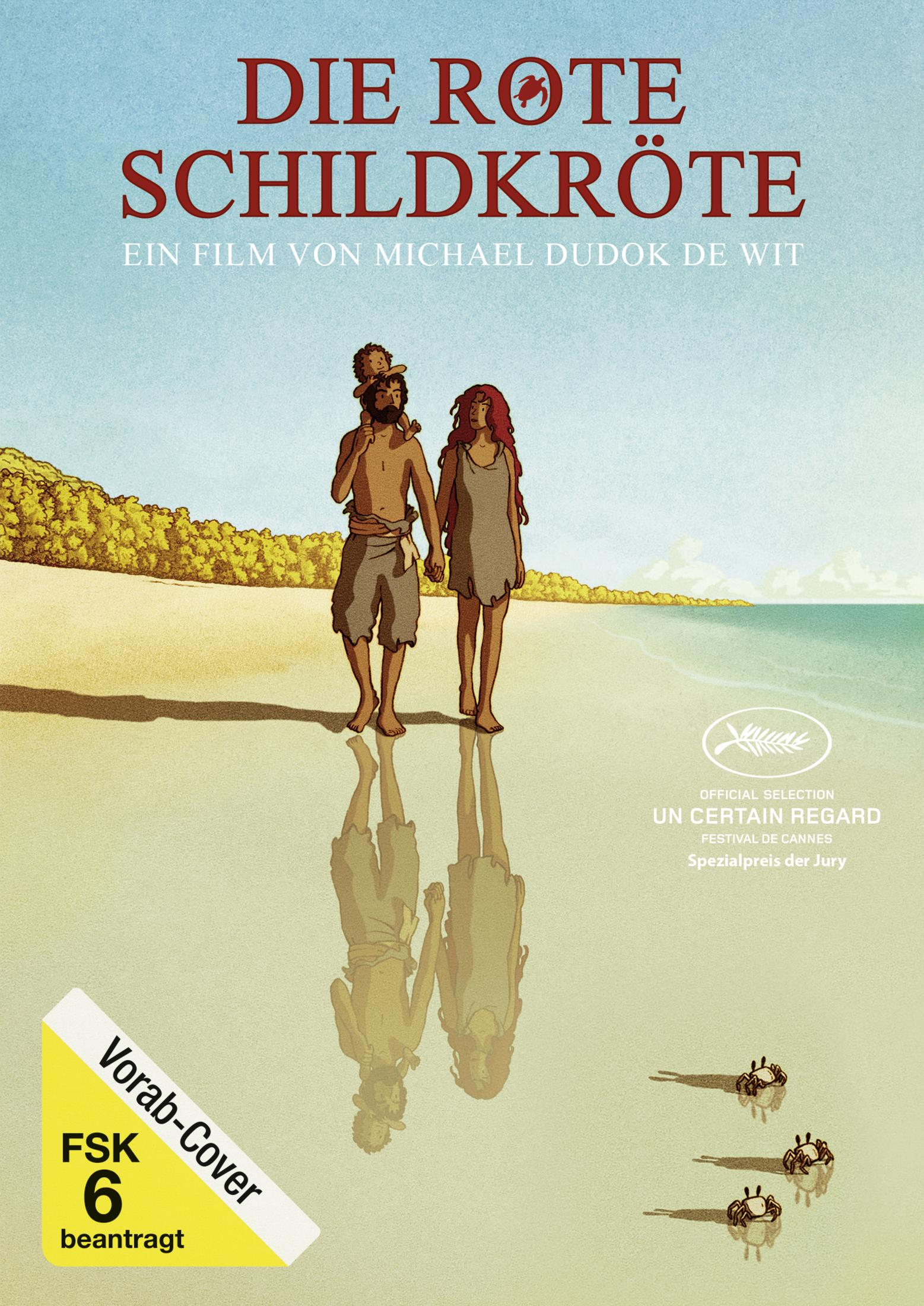 Filmposter "Die rote Schildkröte" mit drei Personen, die Hand in Hand am Strand entlanggehen.