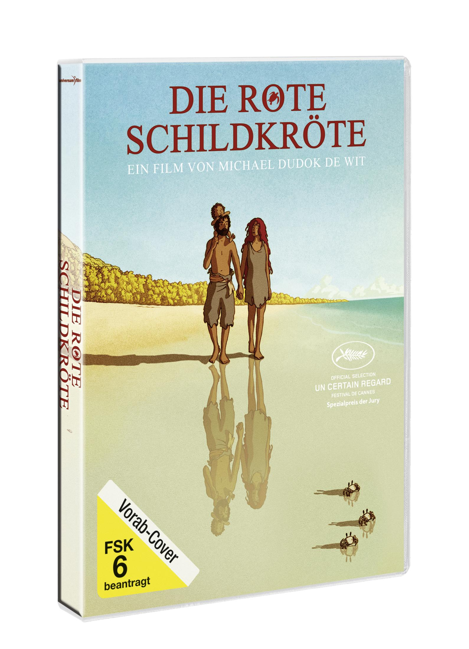 DVD-Cover für 'Die Rote Schildkröte' mit einer Familie am Strand und kleinen Krabben.