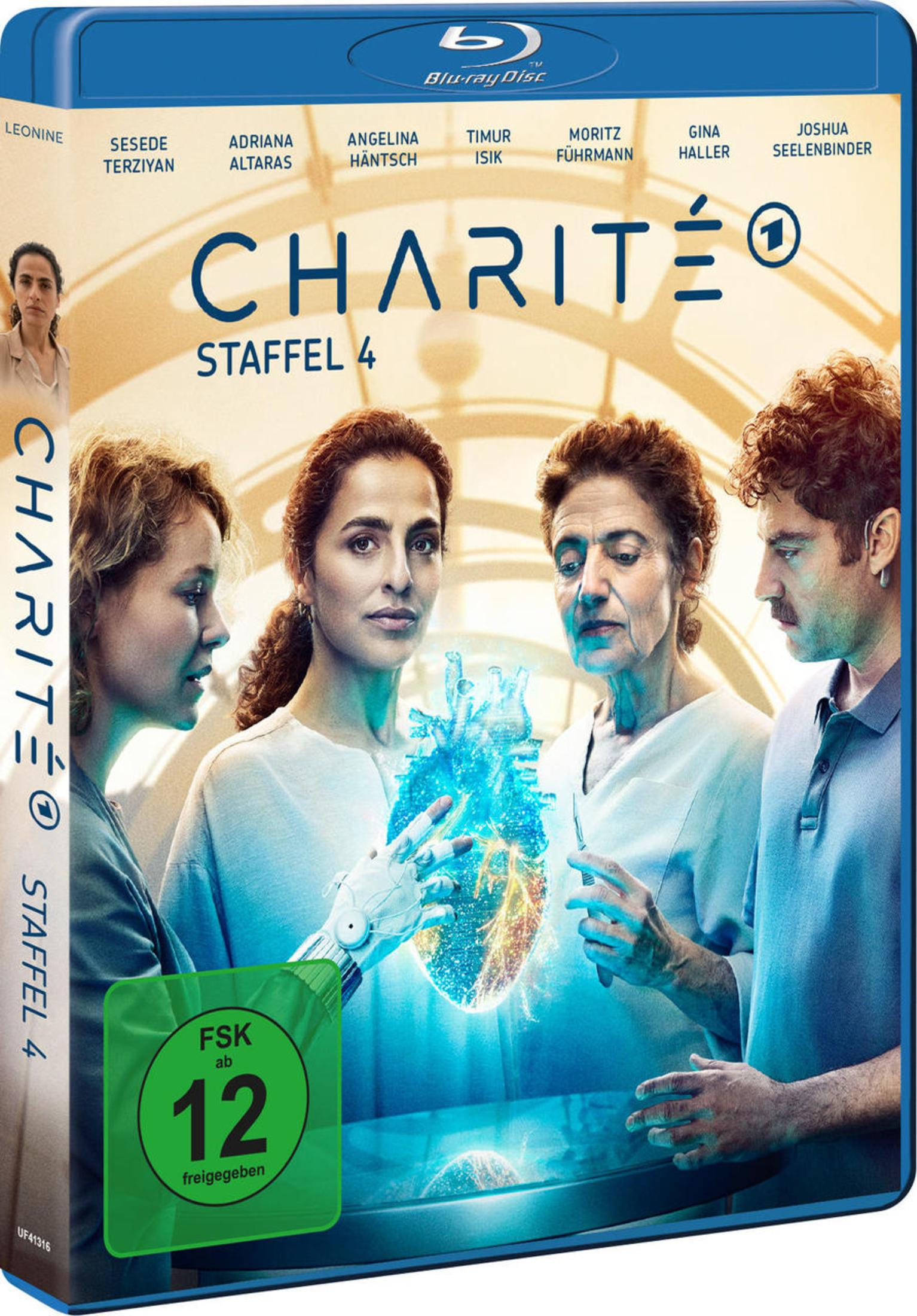 Blu-Ray-Cover von Charité Staffel 4 mit vier Personen und einem leuchtenden holografischen Herz.