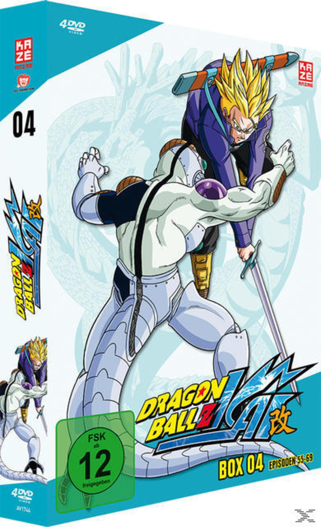 Dragon Ball Z Kai Box 4 Cover mit Trunks, der mit einem Schwert auf weißem und blauem Hintergrund gegen Frieza kämpft.