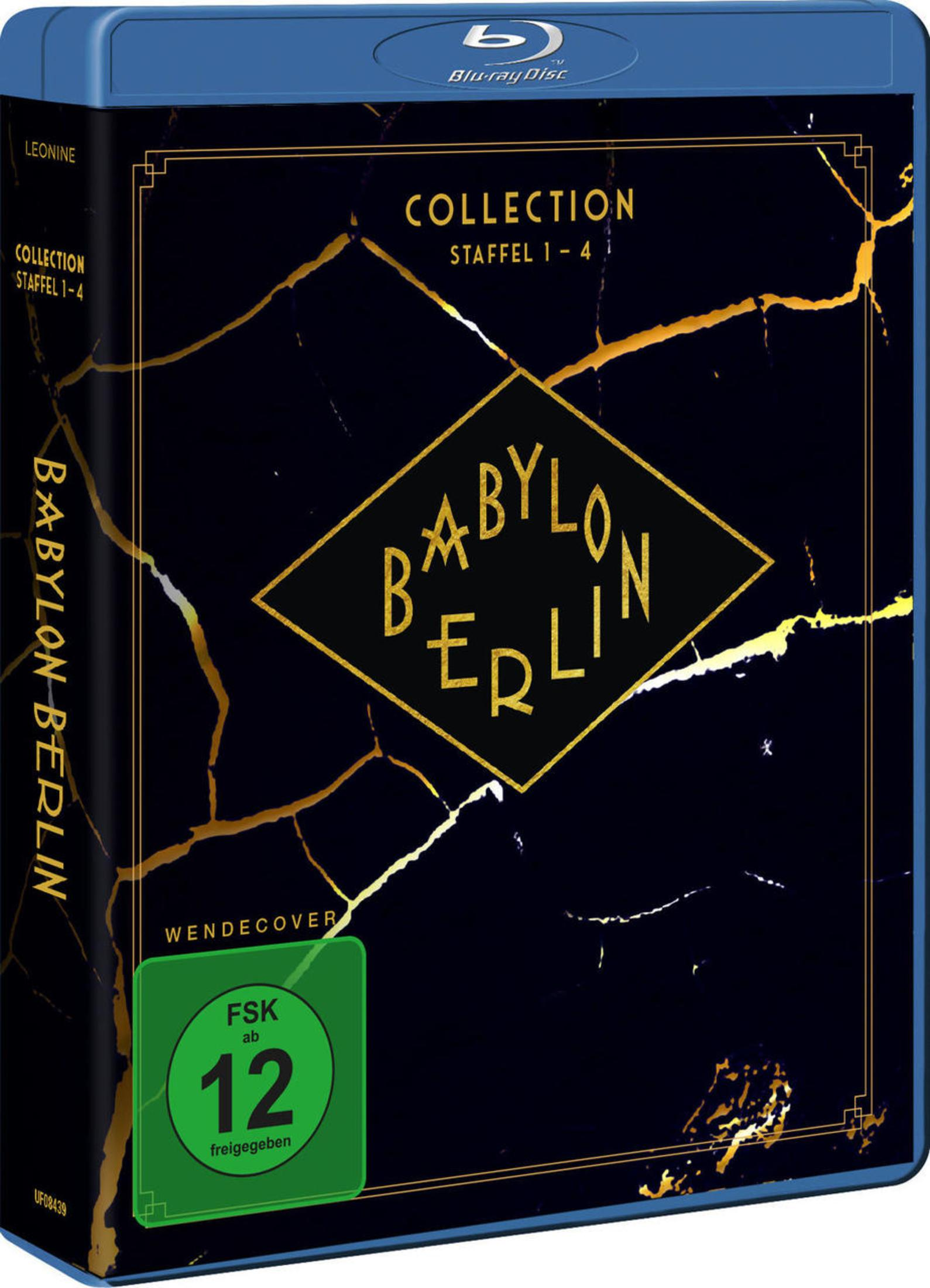 Babylon Berlin Blu-ray-Sammlung, Staffeln 1-4, mit schwarzem und goldnem Marmormuster und FSK-12-Logo.