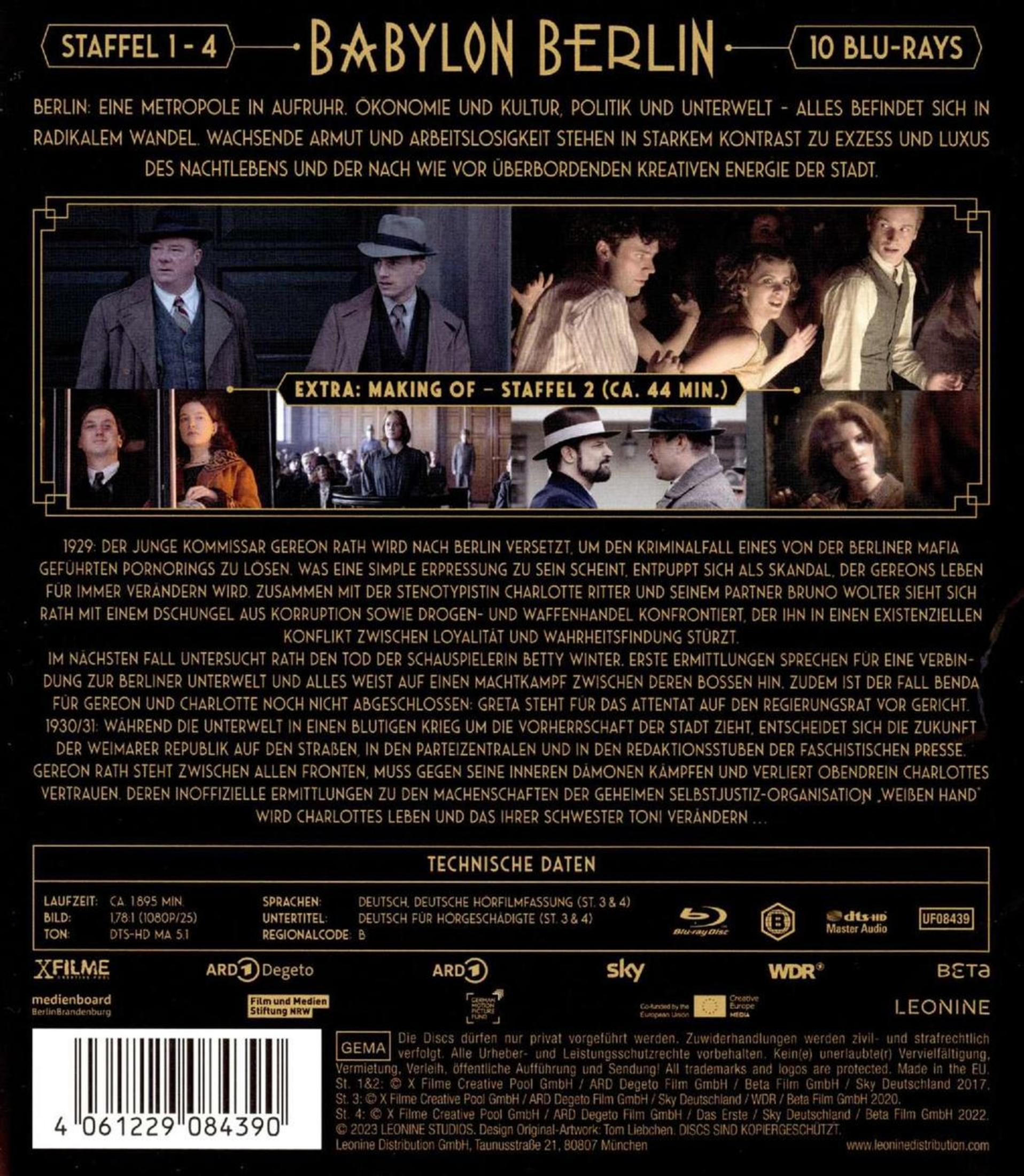 Blu-ray-Cover von Babylon Berlin mit Szenenbildern, Beschreibung und technischen Daten auf schwarzem Hintergrund.