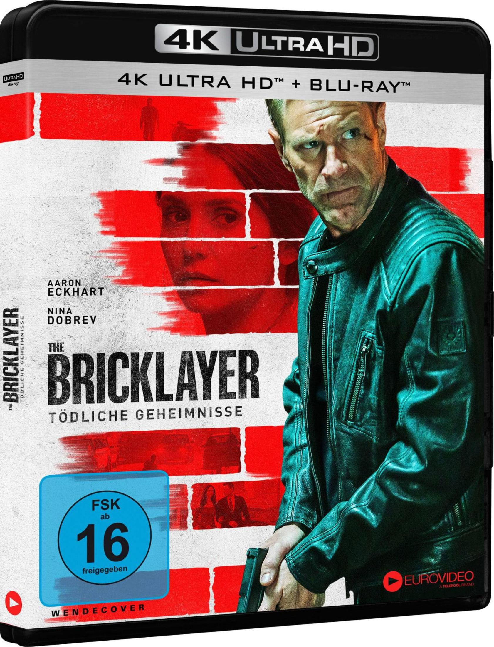 Blu-ray-Cover von The Bricklayer mit Aaron Eckhart in einer Lederjacke und dem Titel in Schwarz und Rot.