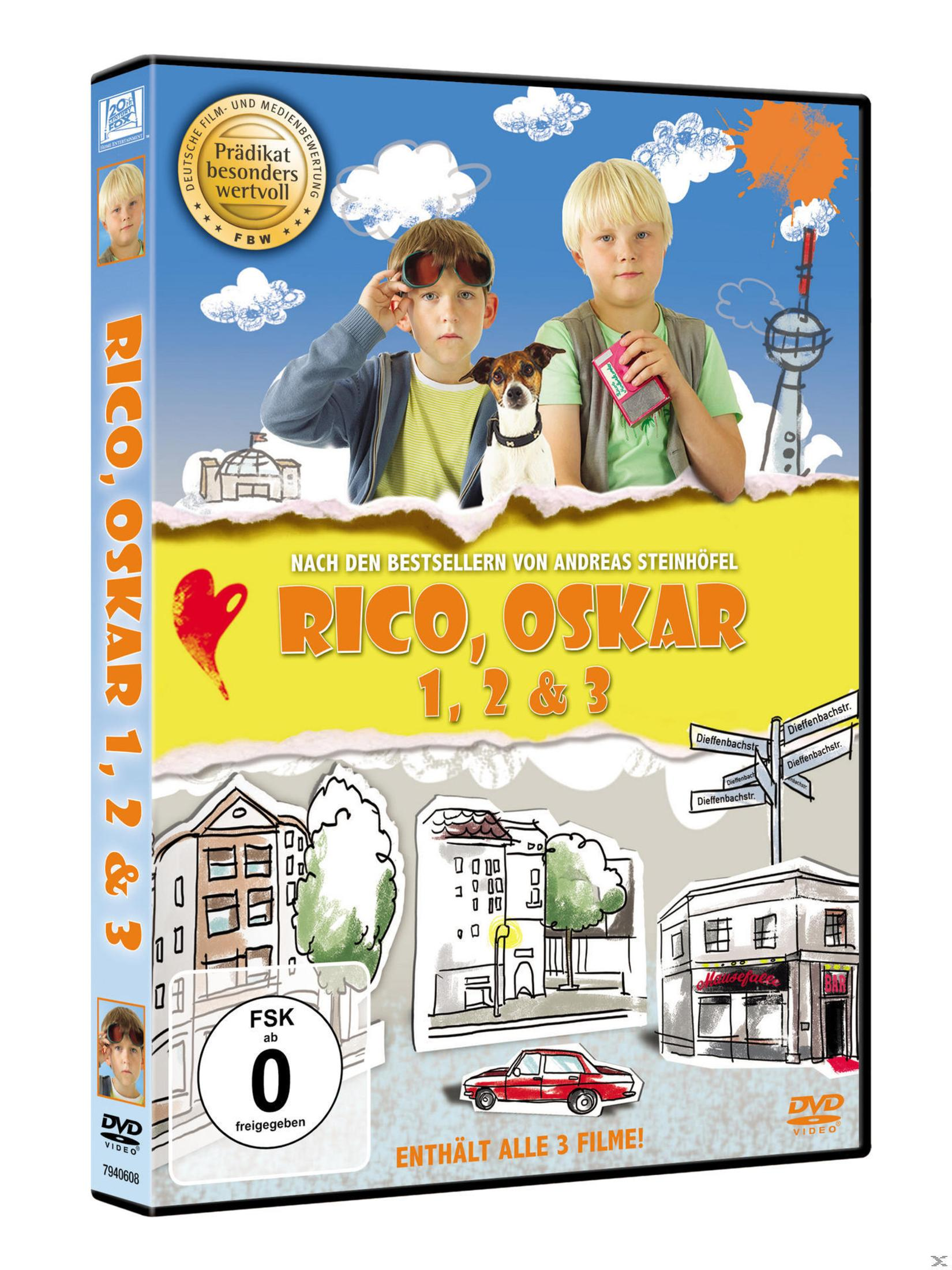 DVD-Hülle von Rico, Oskar 1, 2 & 3 mit zwei Jungen, einem Hund, gezeichneten Stadtmotiven und blauer und gelber Farbe.