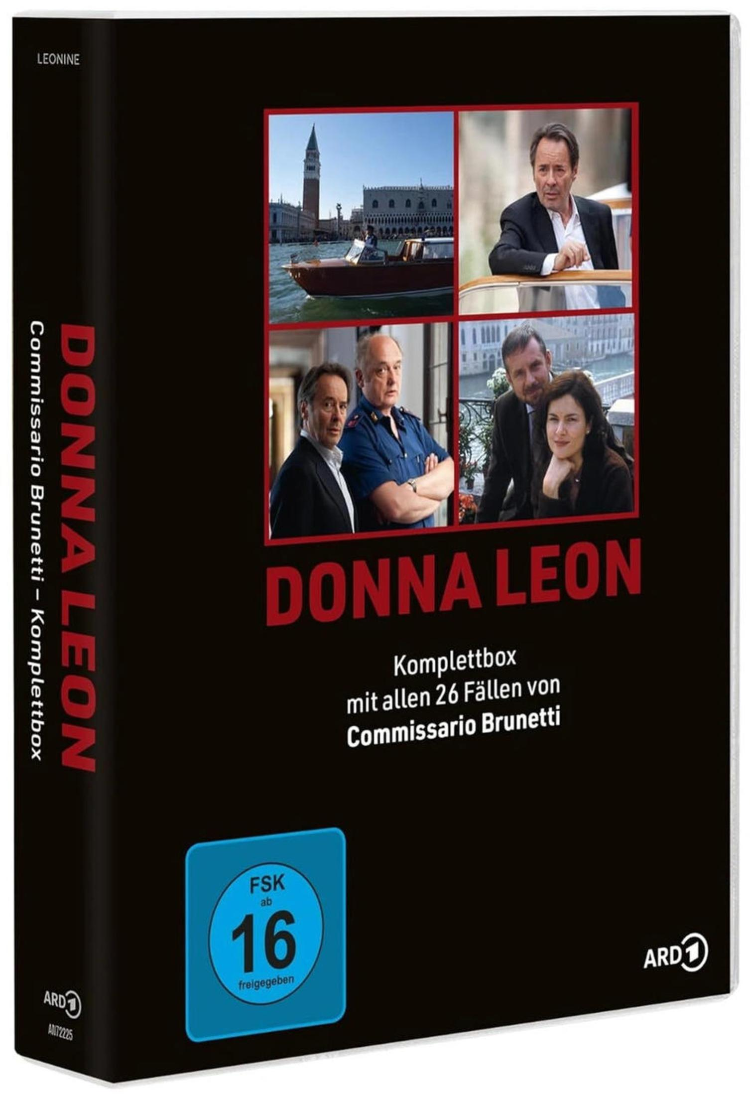 DVD-Box von Donna Leon mit vier Szenenfotos, roter Schrift und einem blauen FSK-16-Logo auf schwarzem Hintergrund.