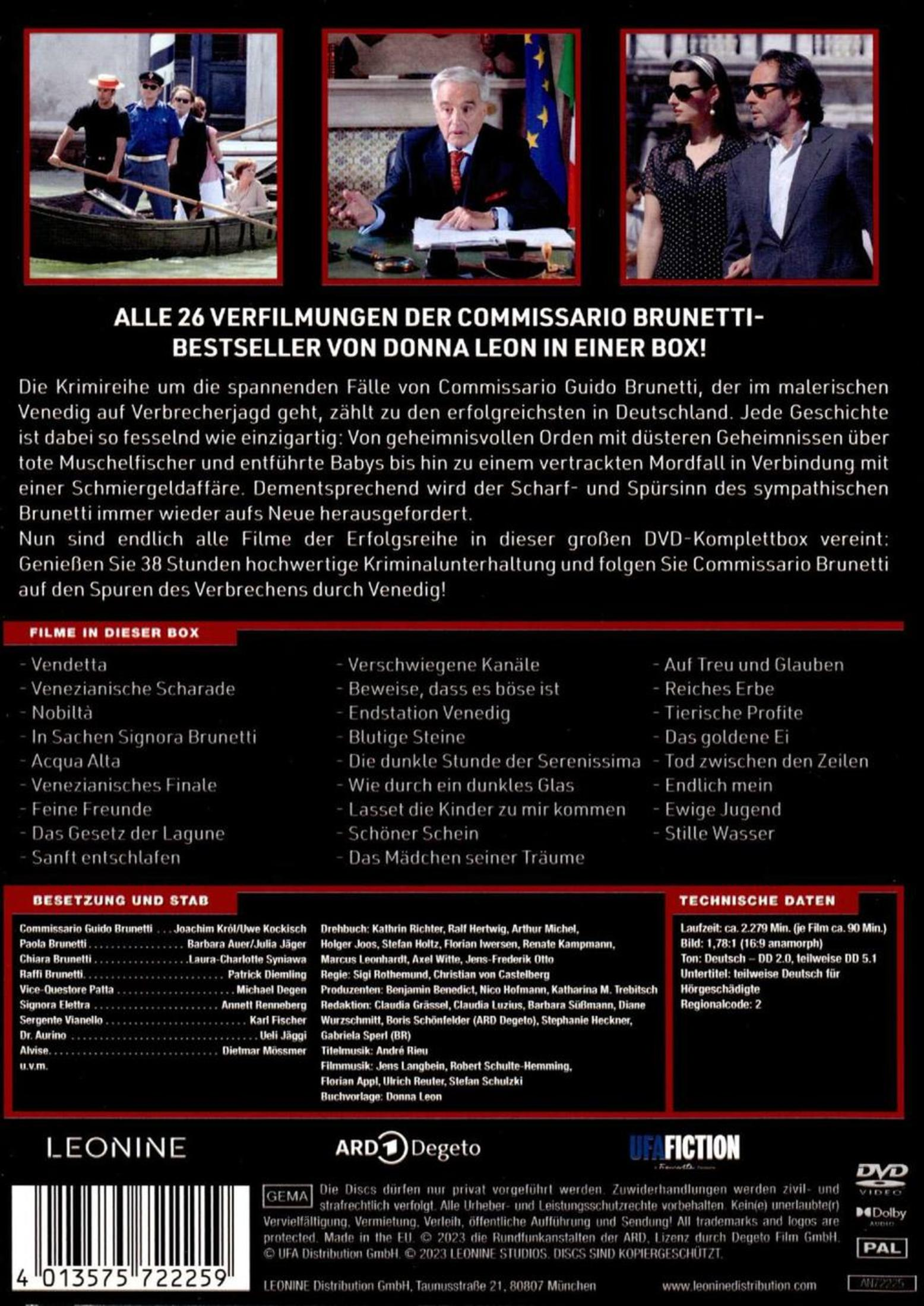 DVD-Box Rückseite mit Szenenbildern, Beschreibung und Inhaltsverzeichnis der Commissario Brunetti-Reihe.