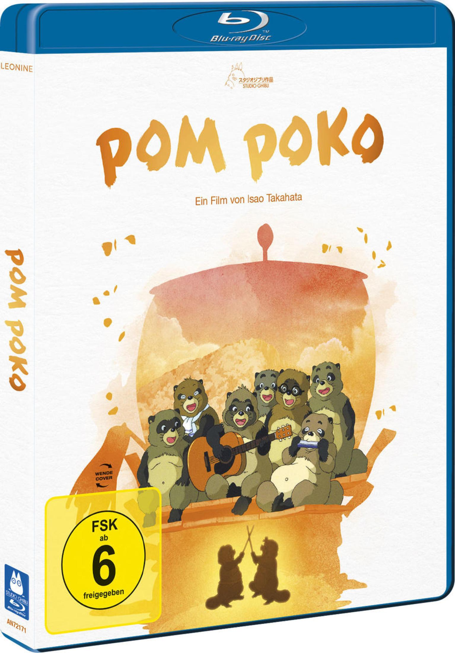 Blu-ray-Hülle des Anime-Films Pom Poko mit tanzenden Tanukis vor hellem Hintergrund.