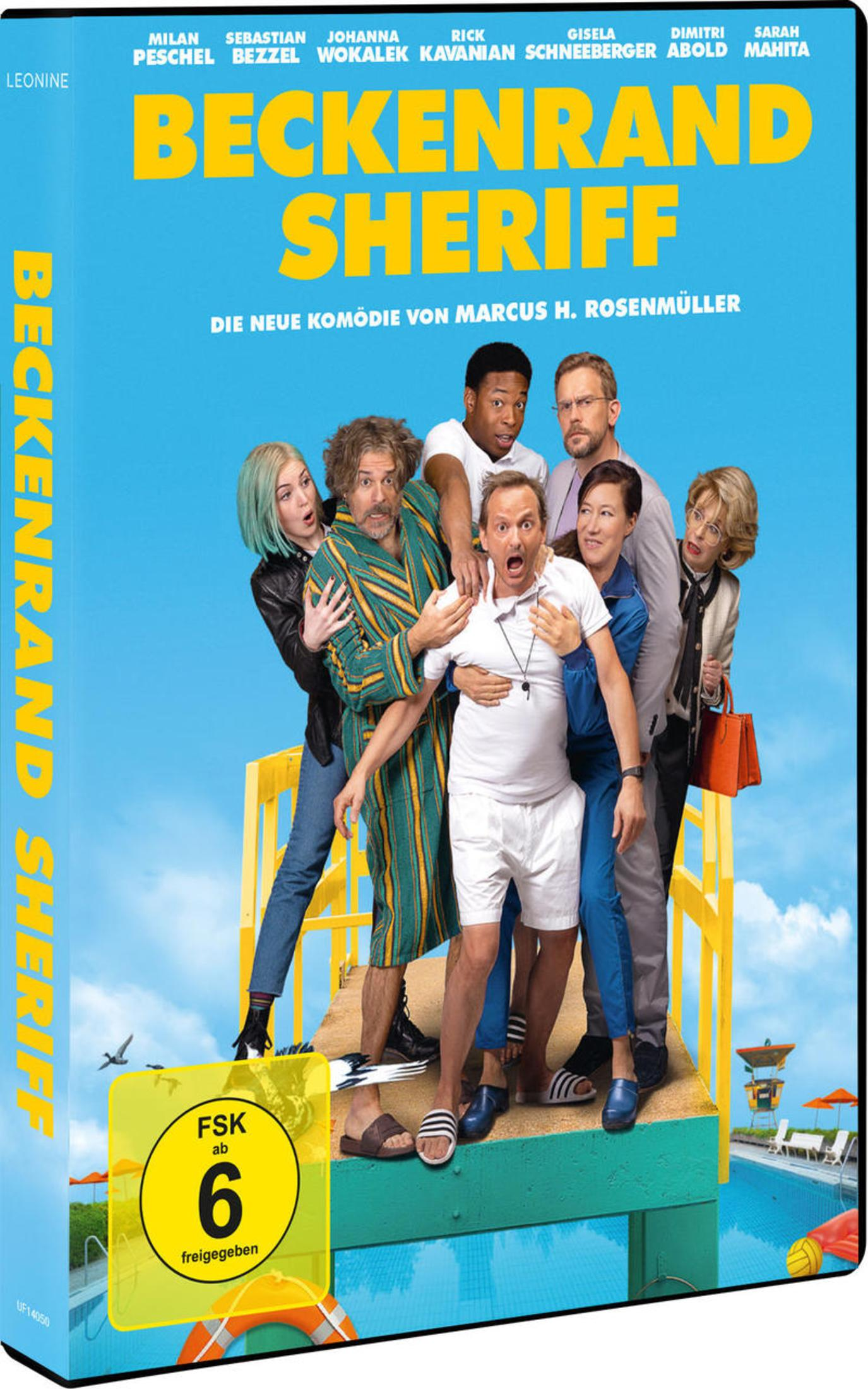DVD-Cover von Beckenrand Sheriff mit sieben Personen, die sich auf einem Sprungturm drängen.