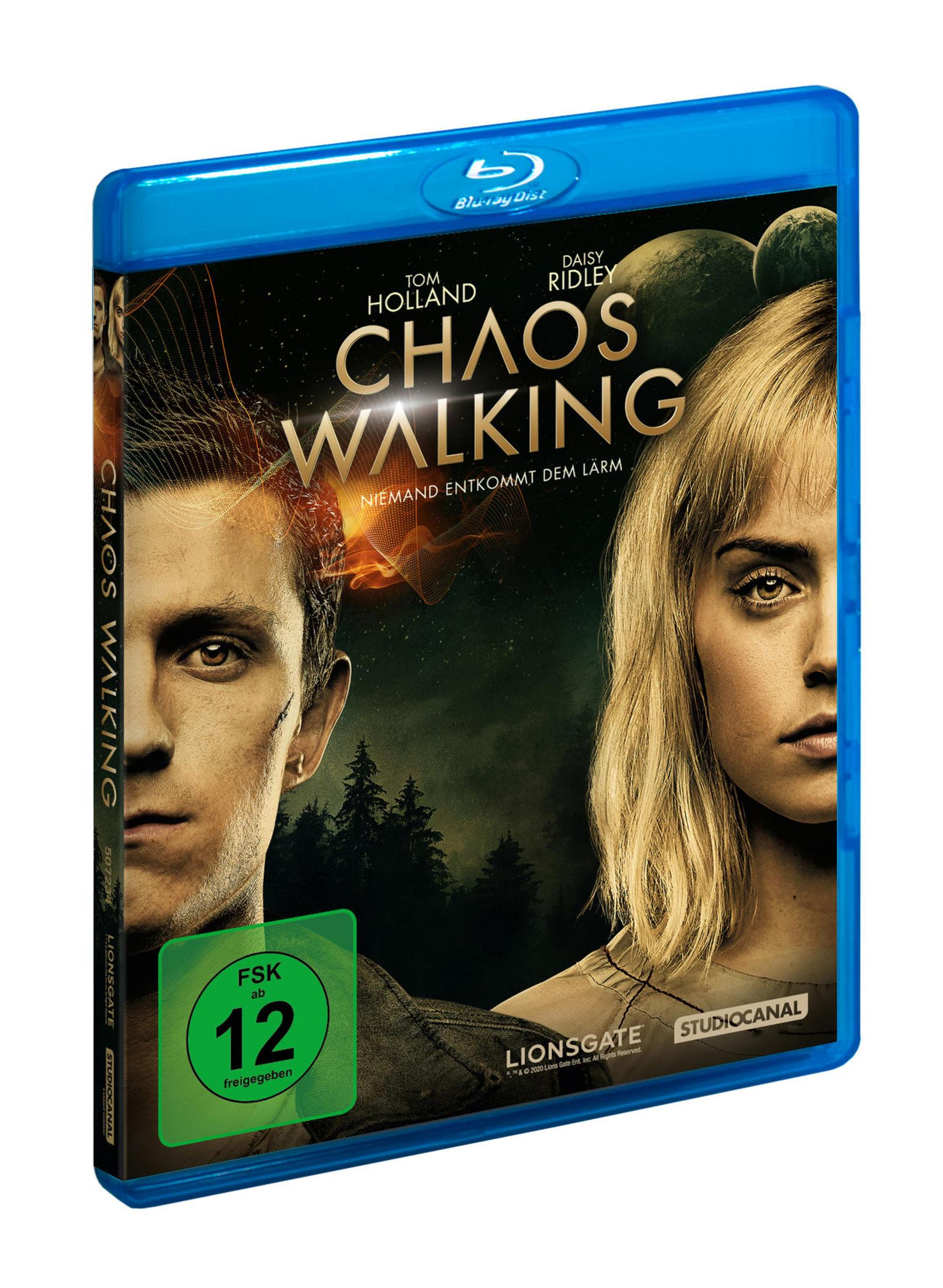 Chaos Walking Blu-ray-Cover mit Tom Holland und Daisy Ridley vor dunklem Wald und Planeten im Hintergrund.