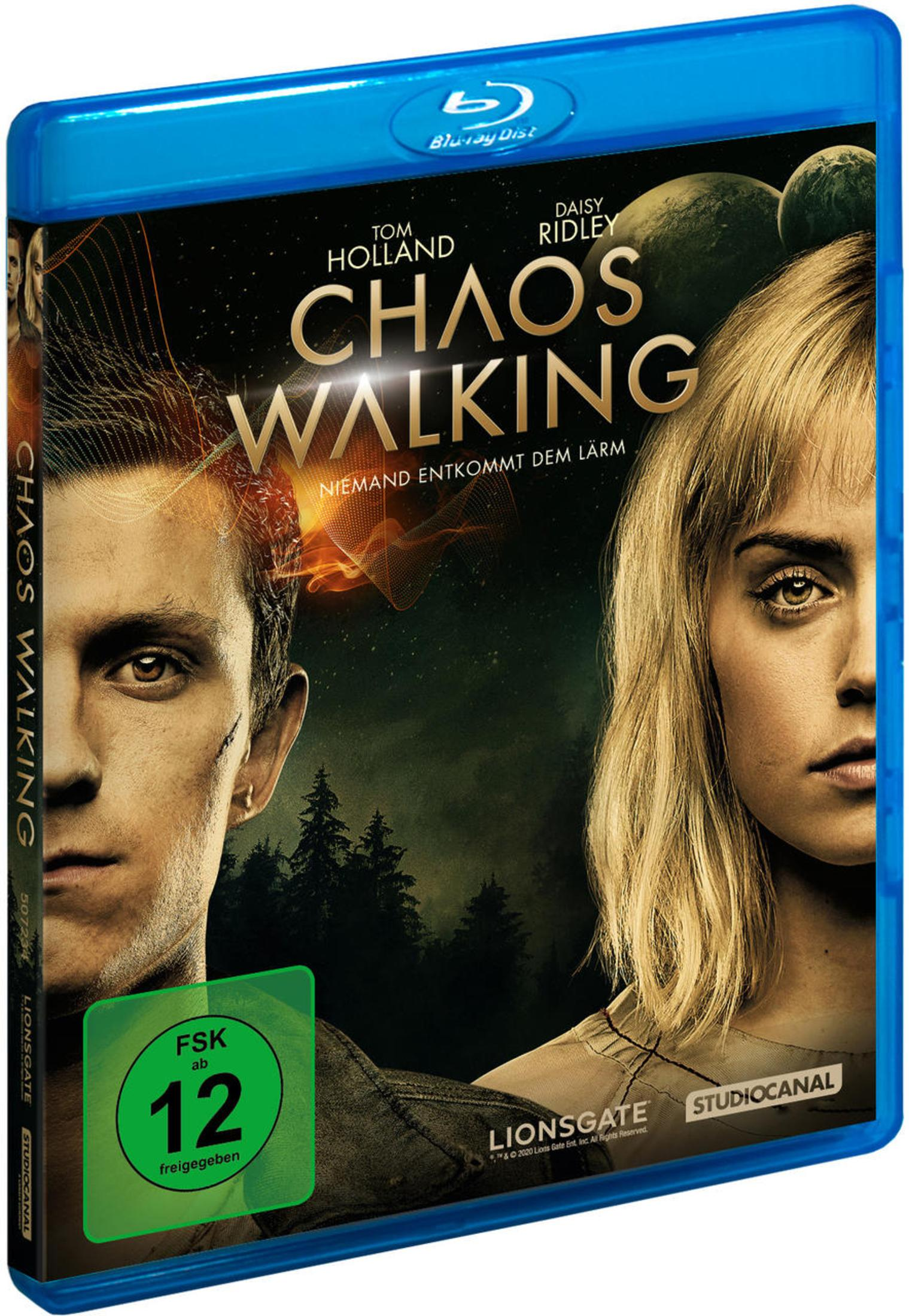Chaos Walking Blu-ray-Hülle mit den Gesichtern von Tom Holland und Daisy Ridley vor einer dunklen Waldkulisse.