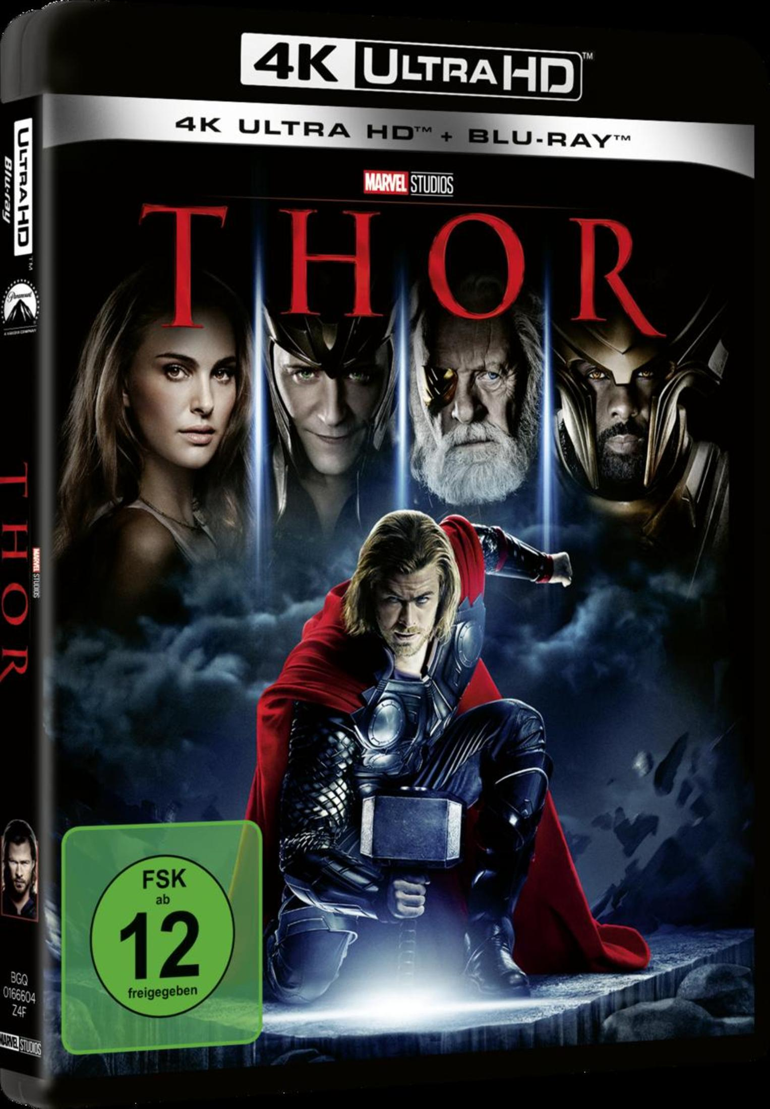 Thor Blu-Ray-Cover mit Thor im Vordergrund und Charakteren im Hintergrund, FSK 12 Logo.