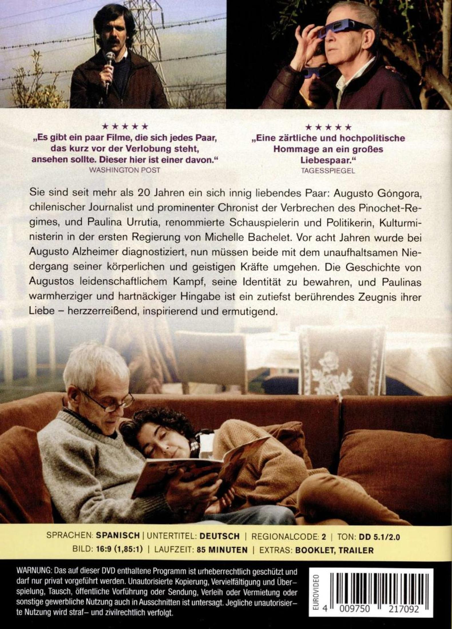 DVD-Cover mit Fotos von Augusto Góngora und Paulina Urrutia, deutscher Beschreibung und Barcode unten.