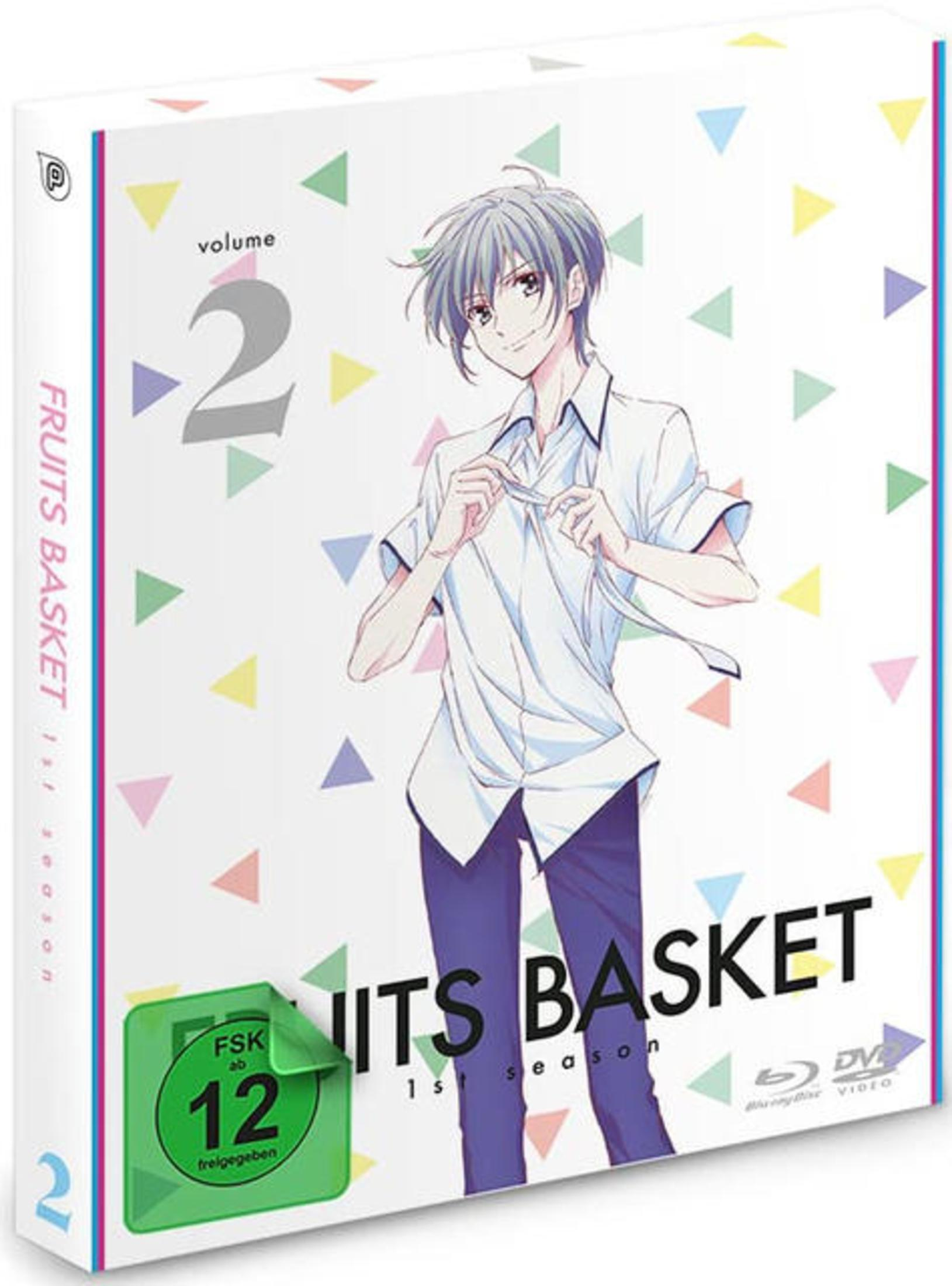 Anime-Blu-ray-Hülle von Fruits Basket, Staffel 1, Volume 2, mit einem Jungen vor weißem, buntem Hintergrund.