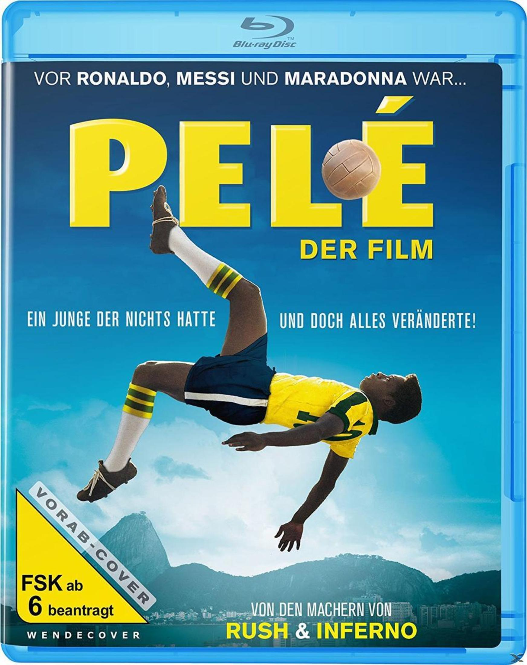 Blaues Blu-ray-Cover von Pele der Film zeigt einen Fußballspieler in der Luft mit einem Ball und Bergen im Hintergrund.