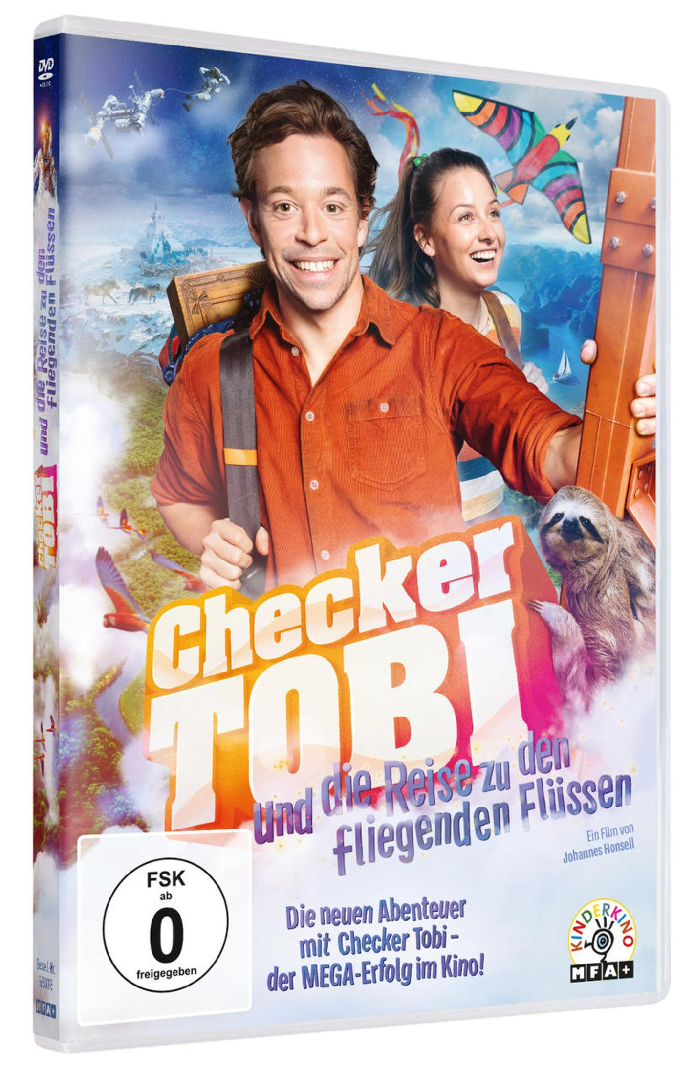 DVD-Cover von Checker Tobi mit glücklichen Menschen, Sloth, bunten Vögeln und dem Filmtitel.