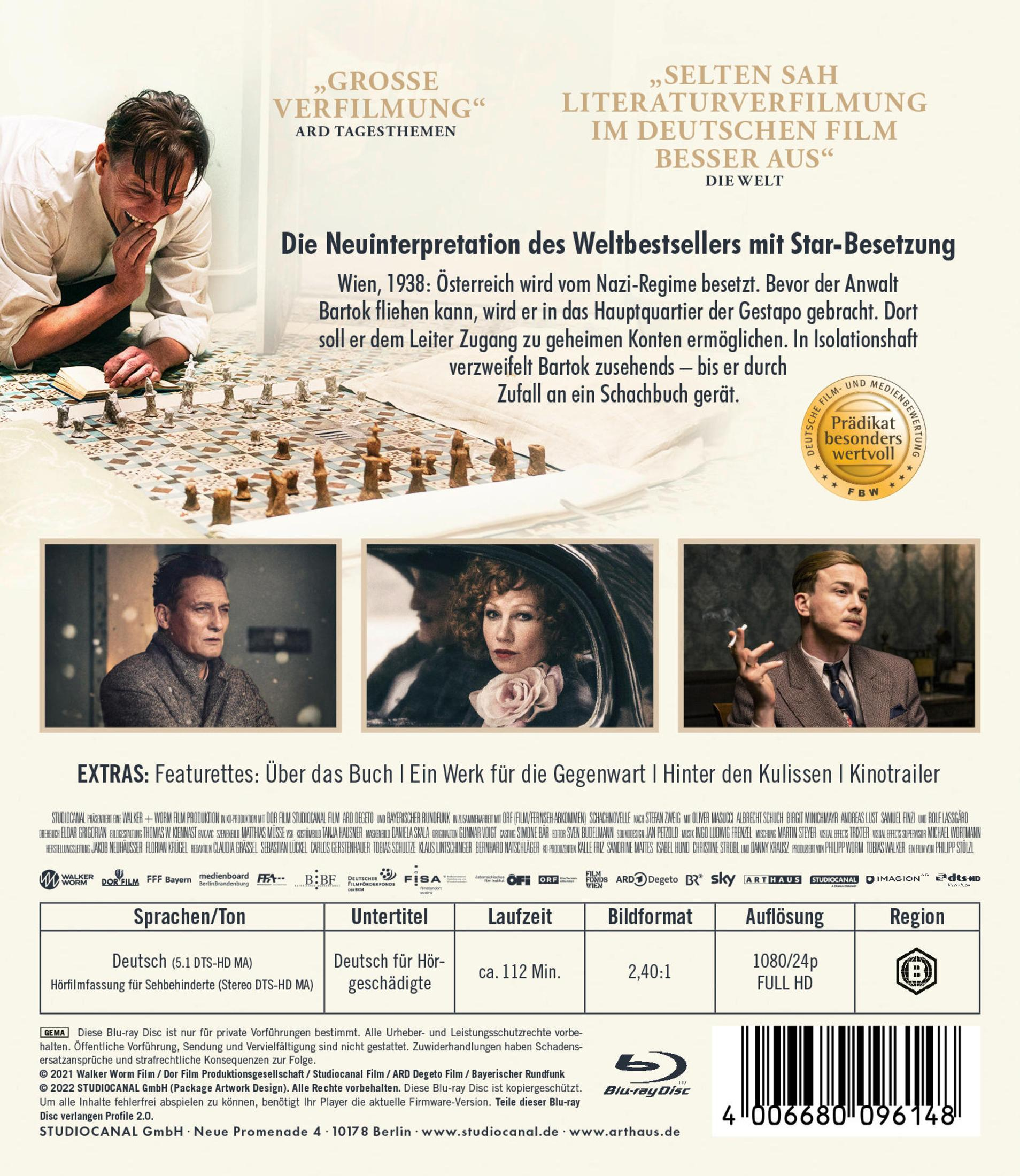 DVD-Rückseite mit Filminfos, Bildern, Schachbrett-Grafik und technischen Details auf weißem Hintergrund.