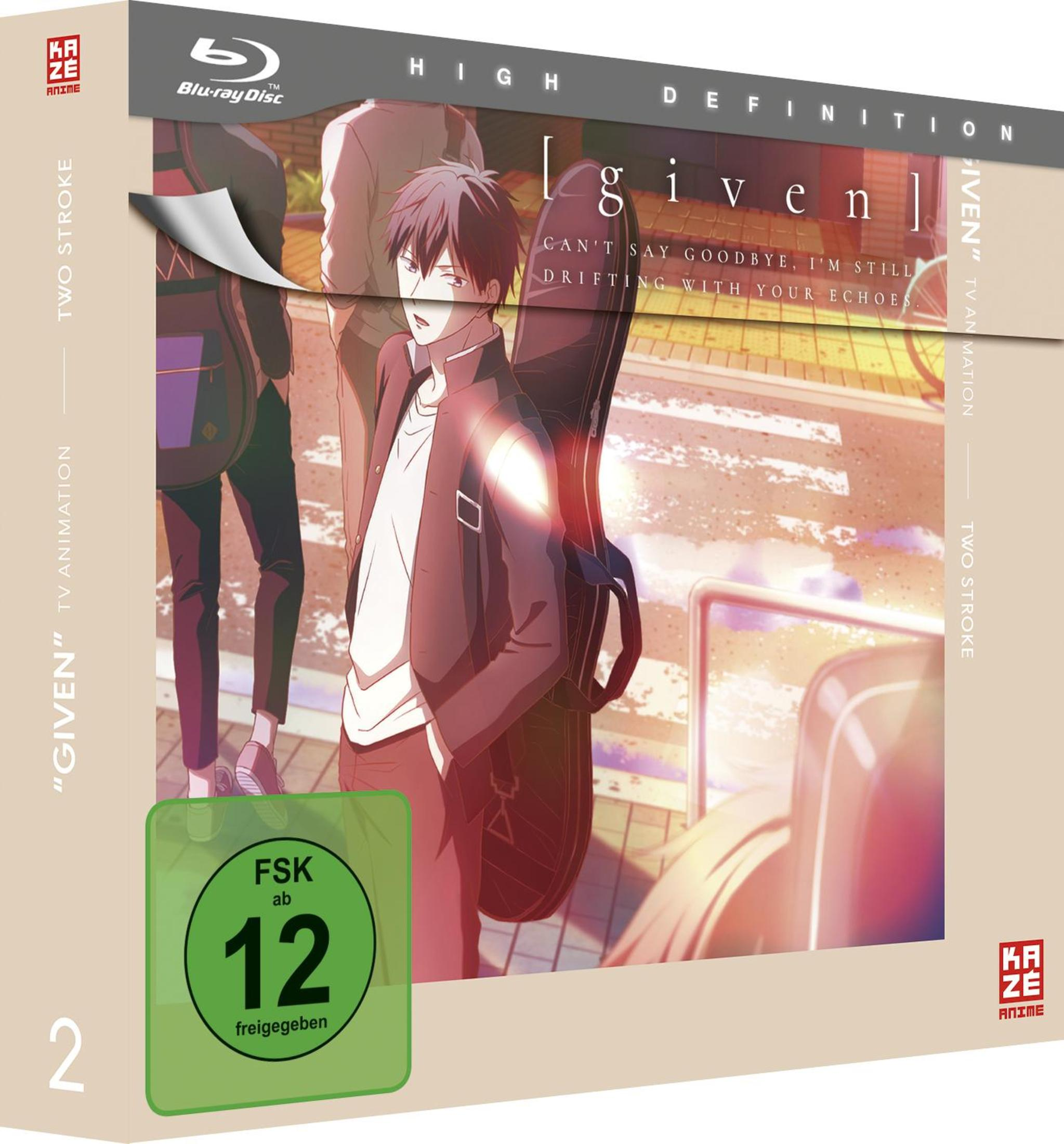 Blu-ray-Hülle des Animes Given mit Anime-Figuren auf der Straße und einem FSK-12-Altersschild.