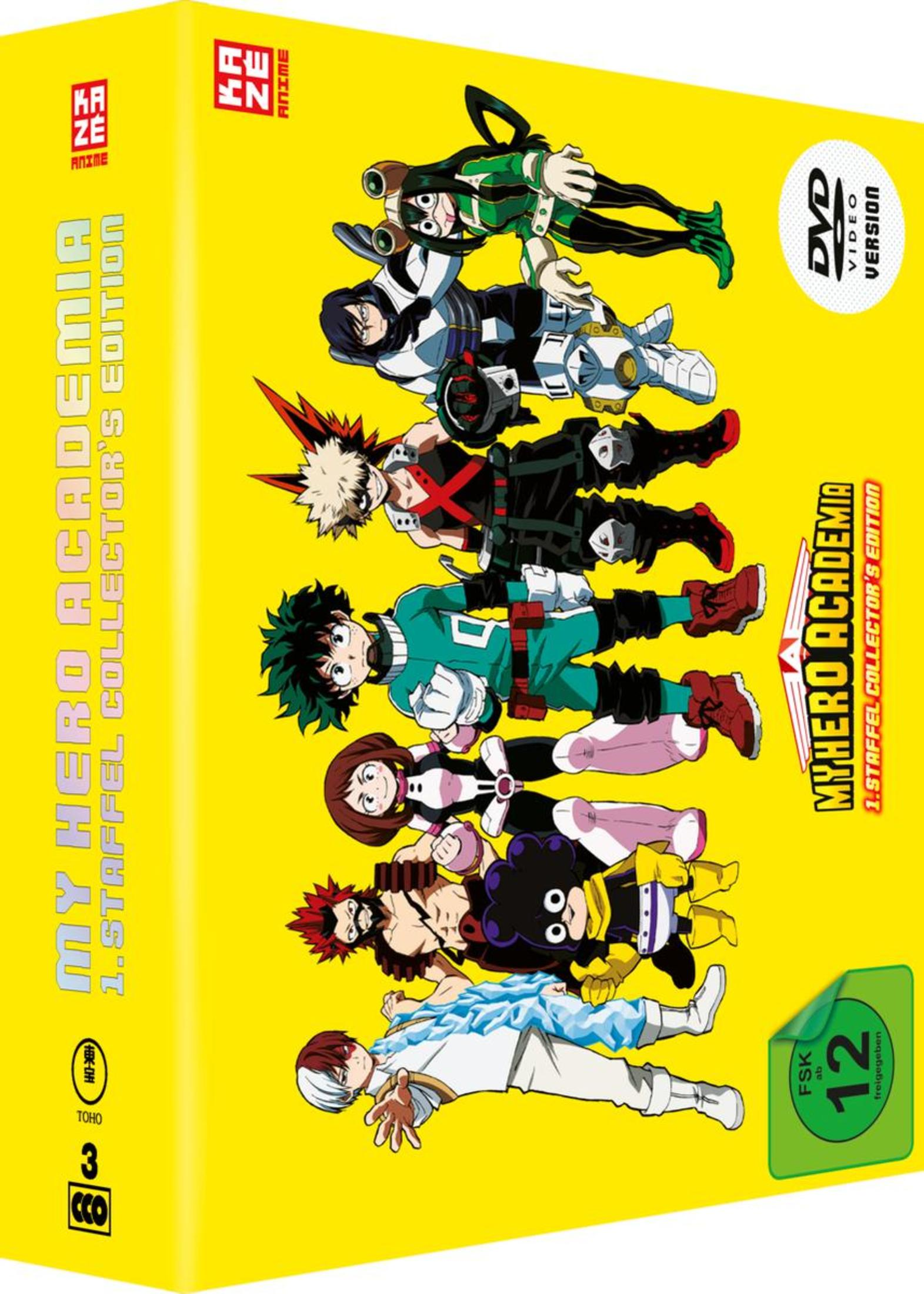 Gelbes Cover der DVD My Hero Academia 1. Staffel Collector's Edition mit Anime-Figuren.