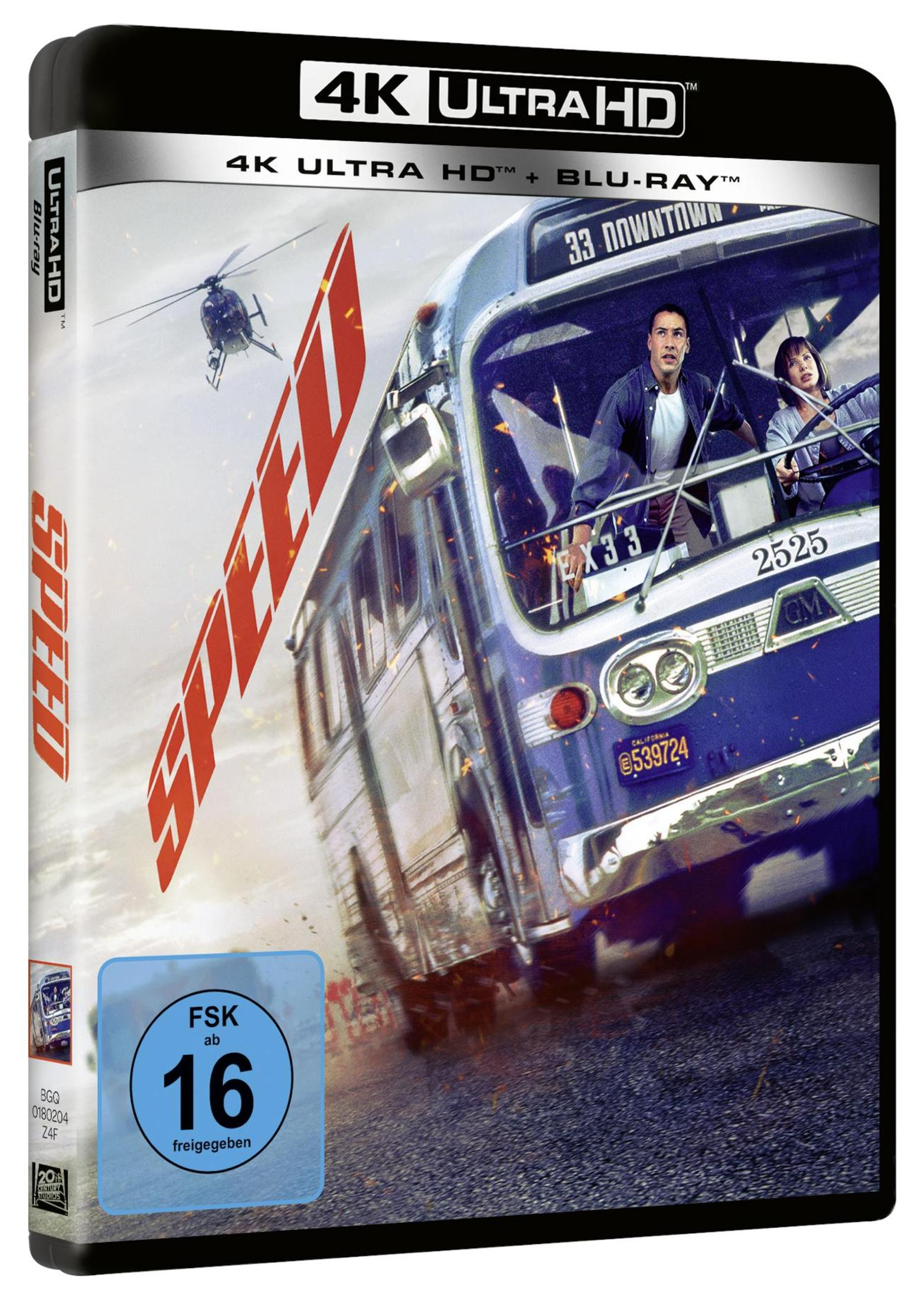 DVD-Cover von Speed mit Keanu Reeves und Sandra Bullock auf einem Bus vor einem Hubschrauber.